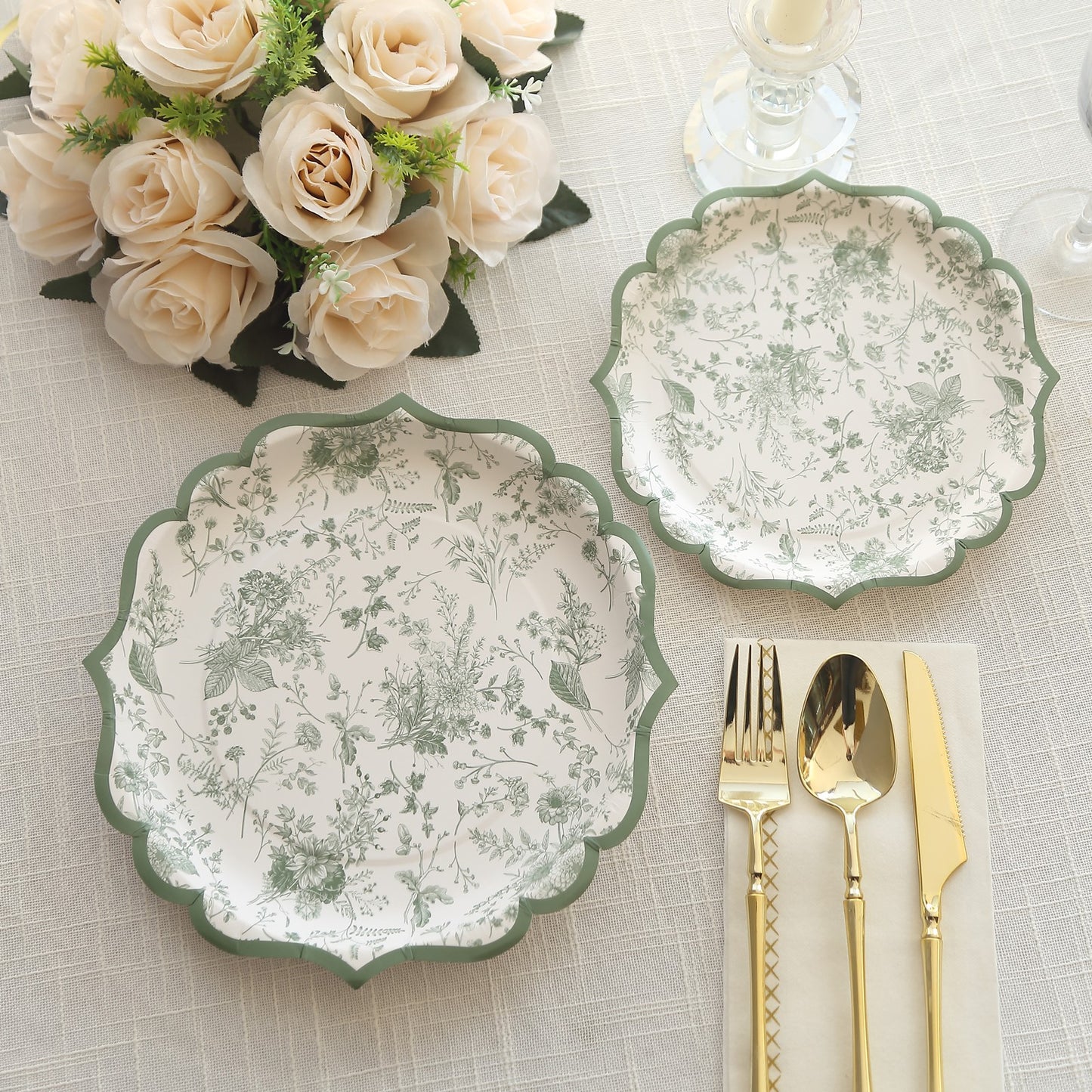 25 Pack Sage Green Disposable Party Plates in French Toile Floral Pattern, 10" Paper Dinner Plates with Scalloped Rims - 300 GSM