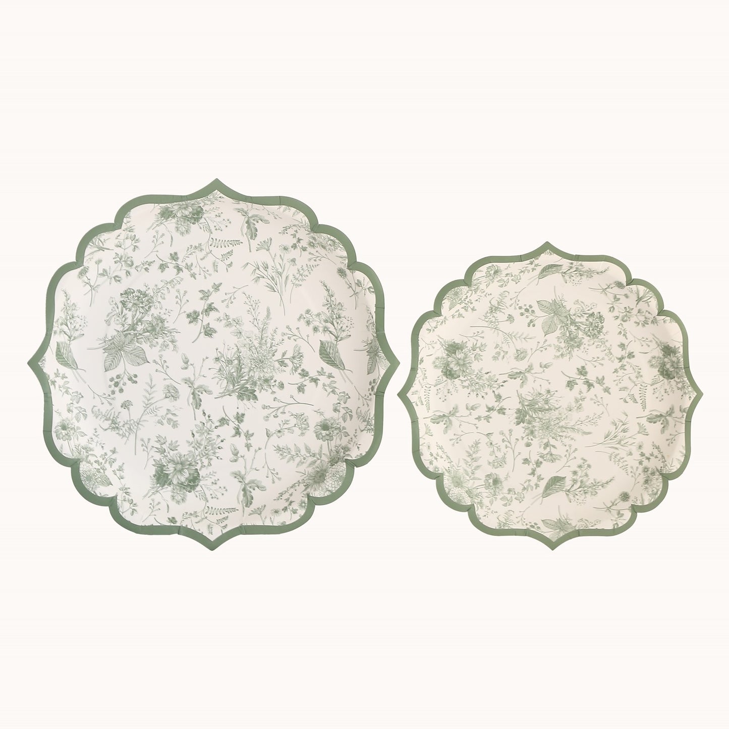 25 Pack Sage Green Disposable Party Plates in French Toile Floral Pattern, 10" Paper Dinner Plates with Scalloped Rims - 300 GSM