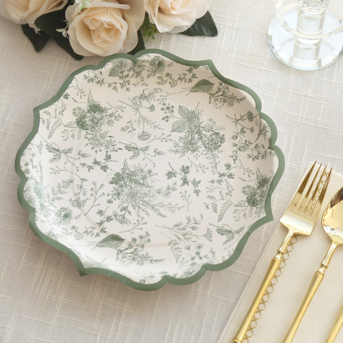 25 Pack Sage Green Disposable Party Plates in French Toile Floral Pattern, 10" Paper Dinner Plates with Scalloped Rims - 300 GSM