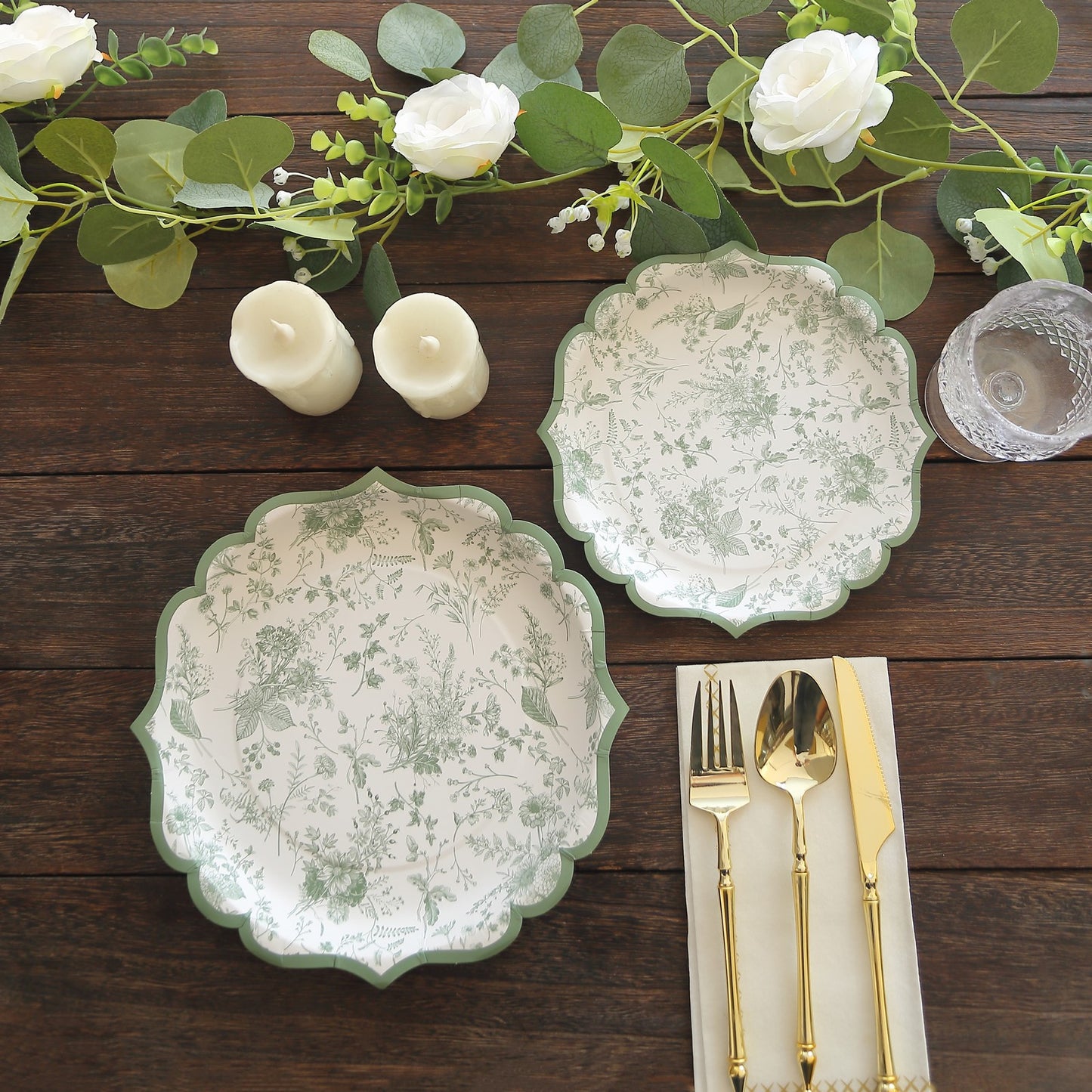 25 Pack Sage Green Disposable Party Plates in French Toile Floral Pattern, 10" Paper Dinner Plates with Scalloped Rims - 300 GSM