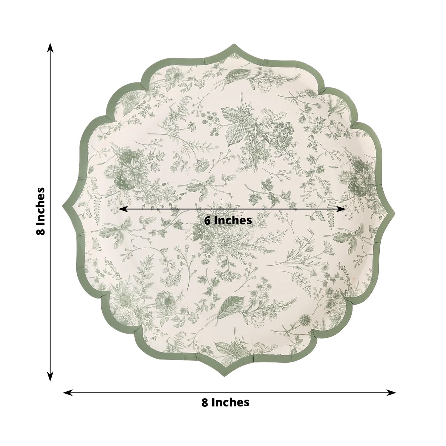 25 Pack Sage Green Disposable Dessert Plates in French Toile Floral Pattern, 8" Salad Appetizer Paper Plates with Scalloped Rims - 300 GSM