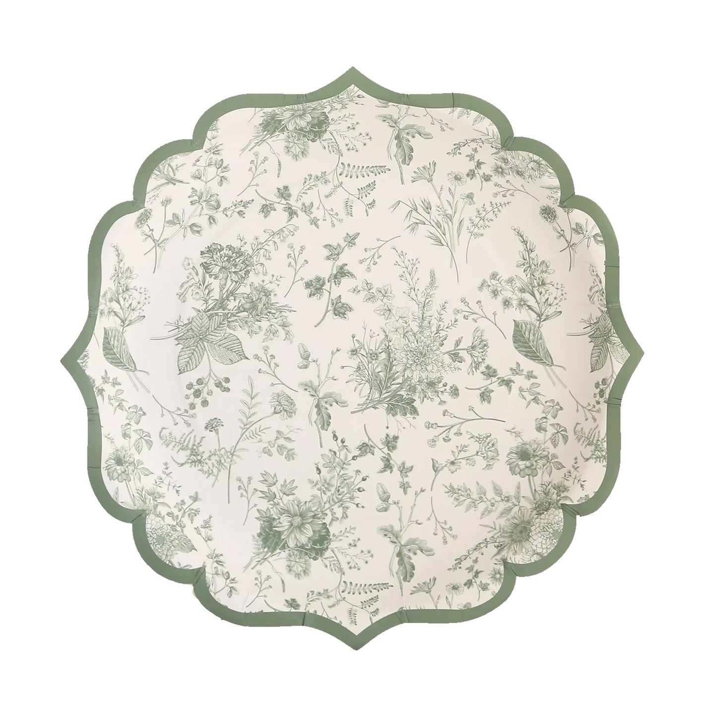 25 Pack Sage Green Disposable Dessert Plates in French Toile Floral Pattern, 8" Salad Appetizer Paper Plates with Scalloped Rims - 300 GSM