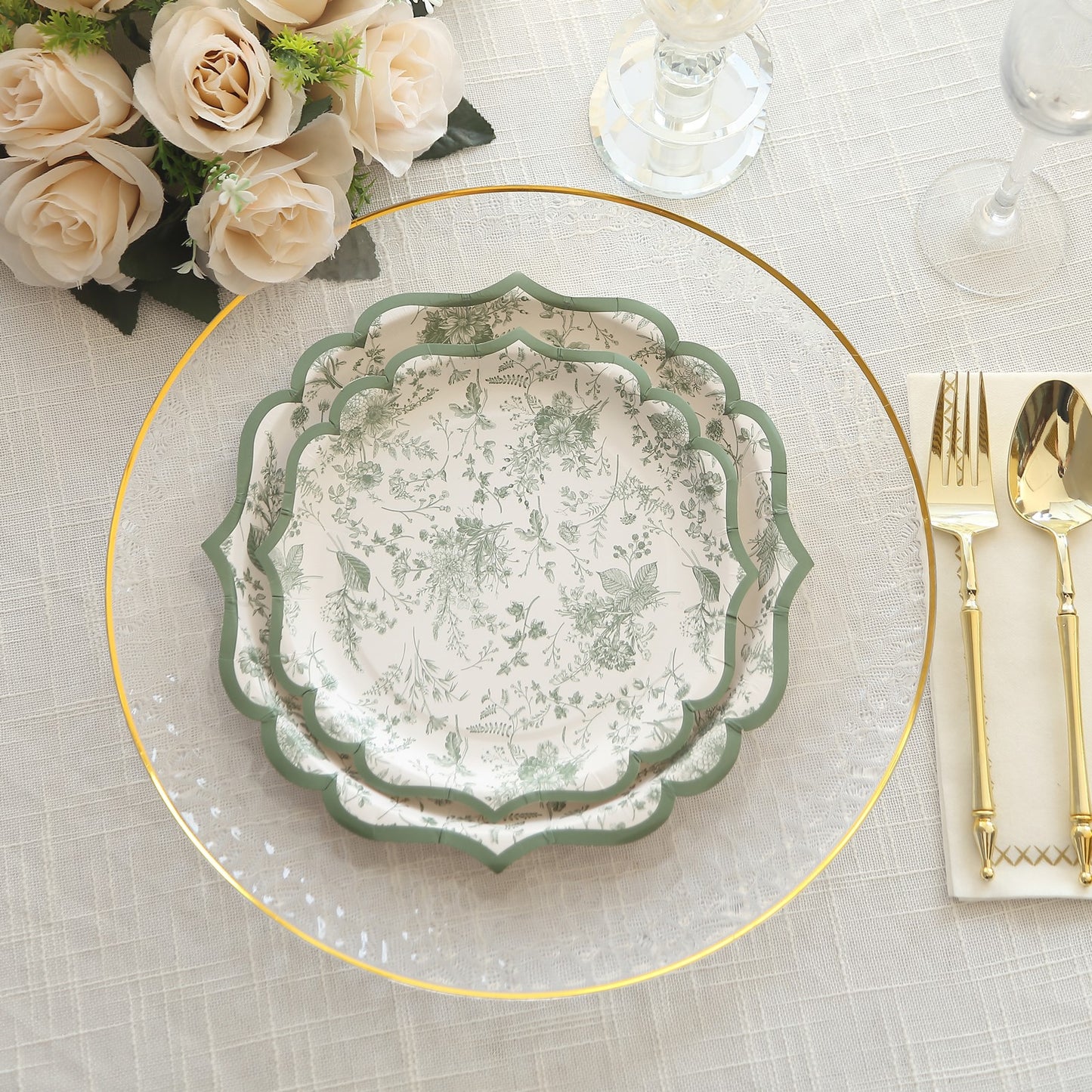 25 Pack Sage Green Disposable Dessert Plates in French Toile Floral Pattern, 8" Salad Appetizer Paper Plates with Scalloped Rims - 300 GSM