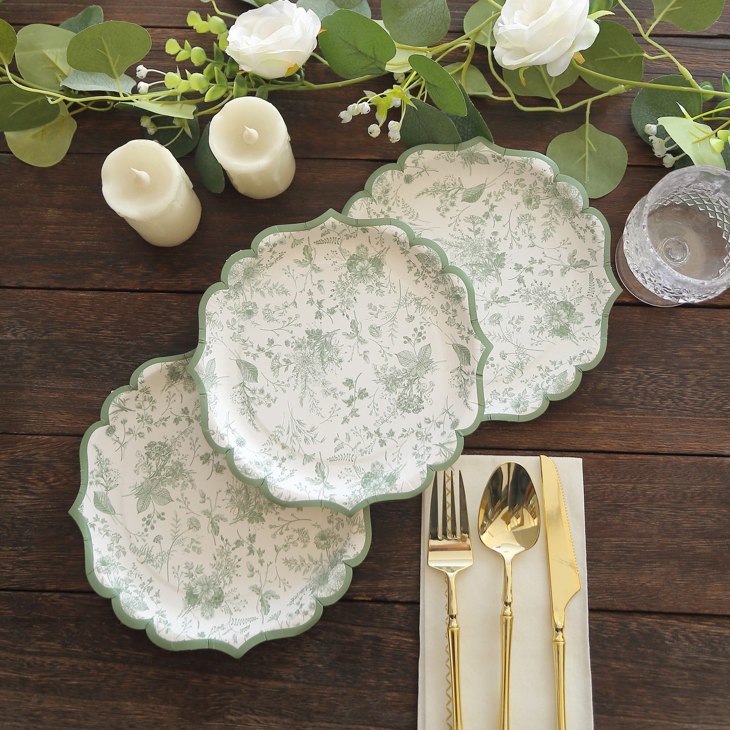 25 Pack Sage Green Disposable Dessert Plates in French Toile Floral Pattern, 8" Salad Appetizer Paper Plates with Scalloped Rims - 300 GSM