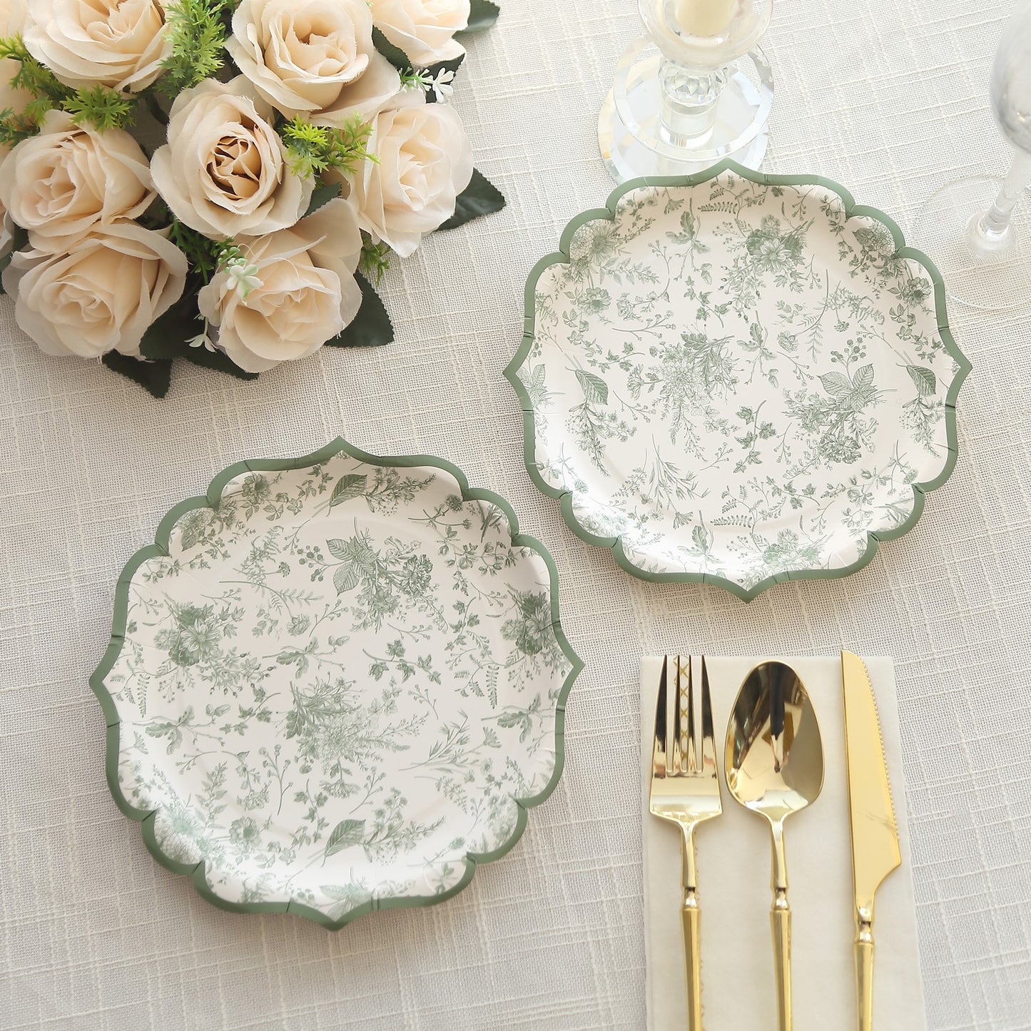 25 Pack Sage Green Disposable Dessert Plates in French Toile Floral Pattern, 8" Salad Appetizer Paper Plates with Scalloped Rims - 300 GSM