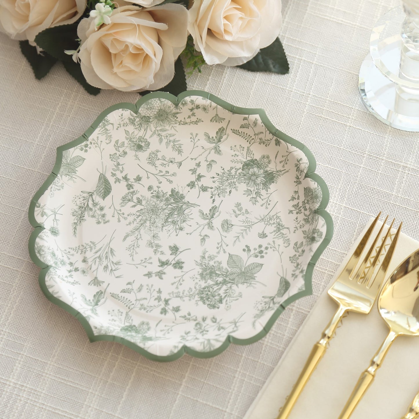 25 Pack Sage Green Disposable Dessert Plates in French Toile Floral Pattern, 8" Salad Appetizer Paper Plates with Scalloped Rims - 300 GSM