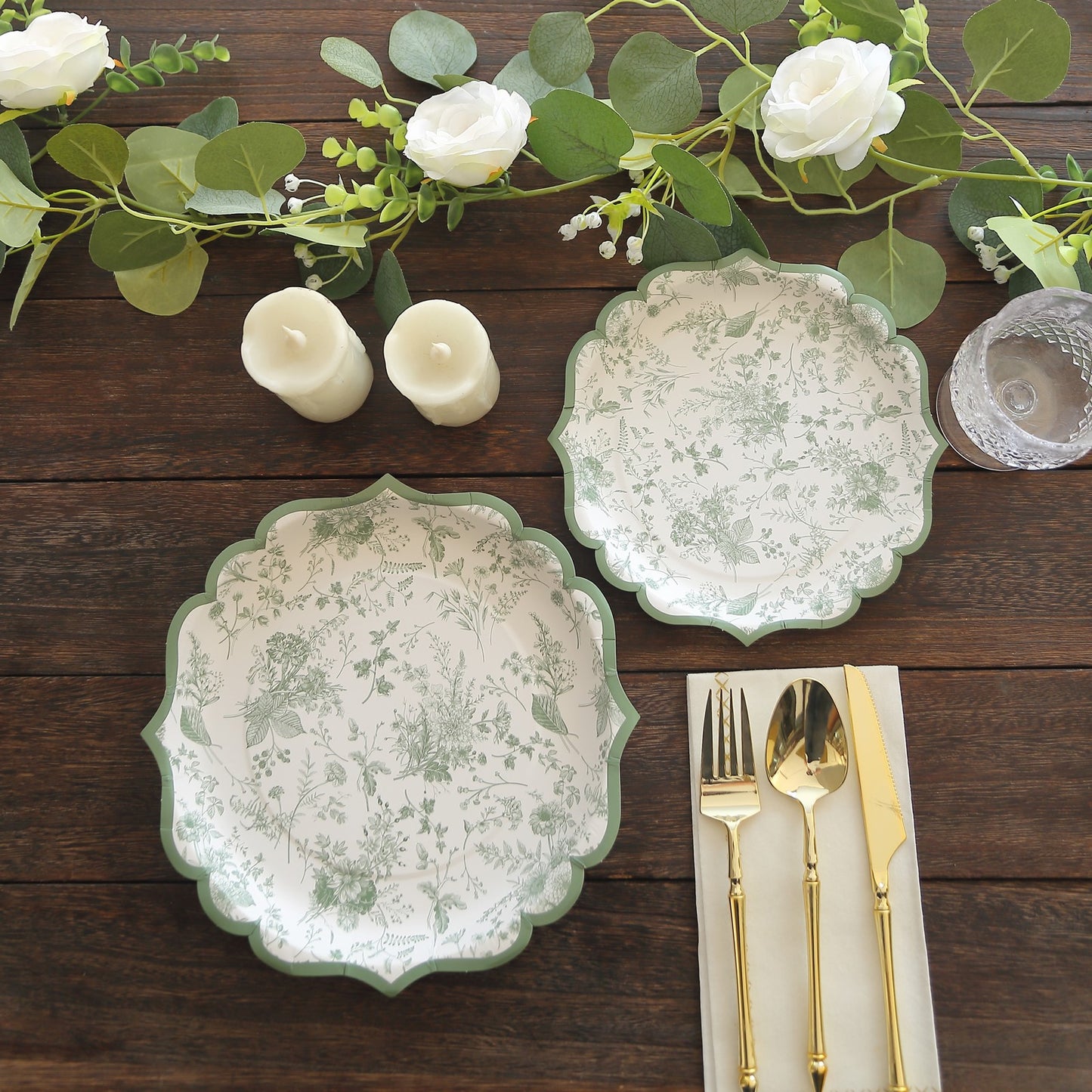 25 Pack Sage Green Disposable Dessert Plates in French Toile Floral Pattern, 8" Salad Appetizer Paper Plates with Scalloped Rims - 300 GSM