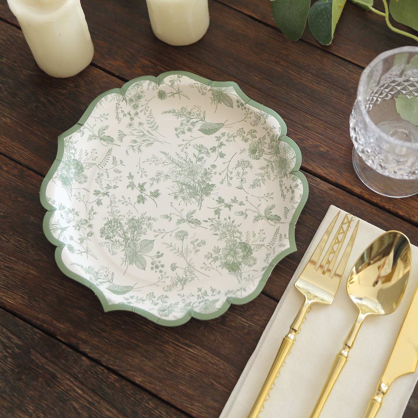 25 Pack Sage Green Disposable Dessert Plates in French Toile Floral Pattern, 8" Salad Appetizer Paper Plates with Scalloped Rims - 300 GSM