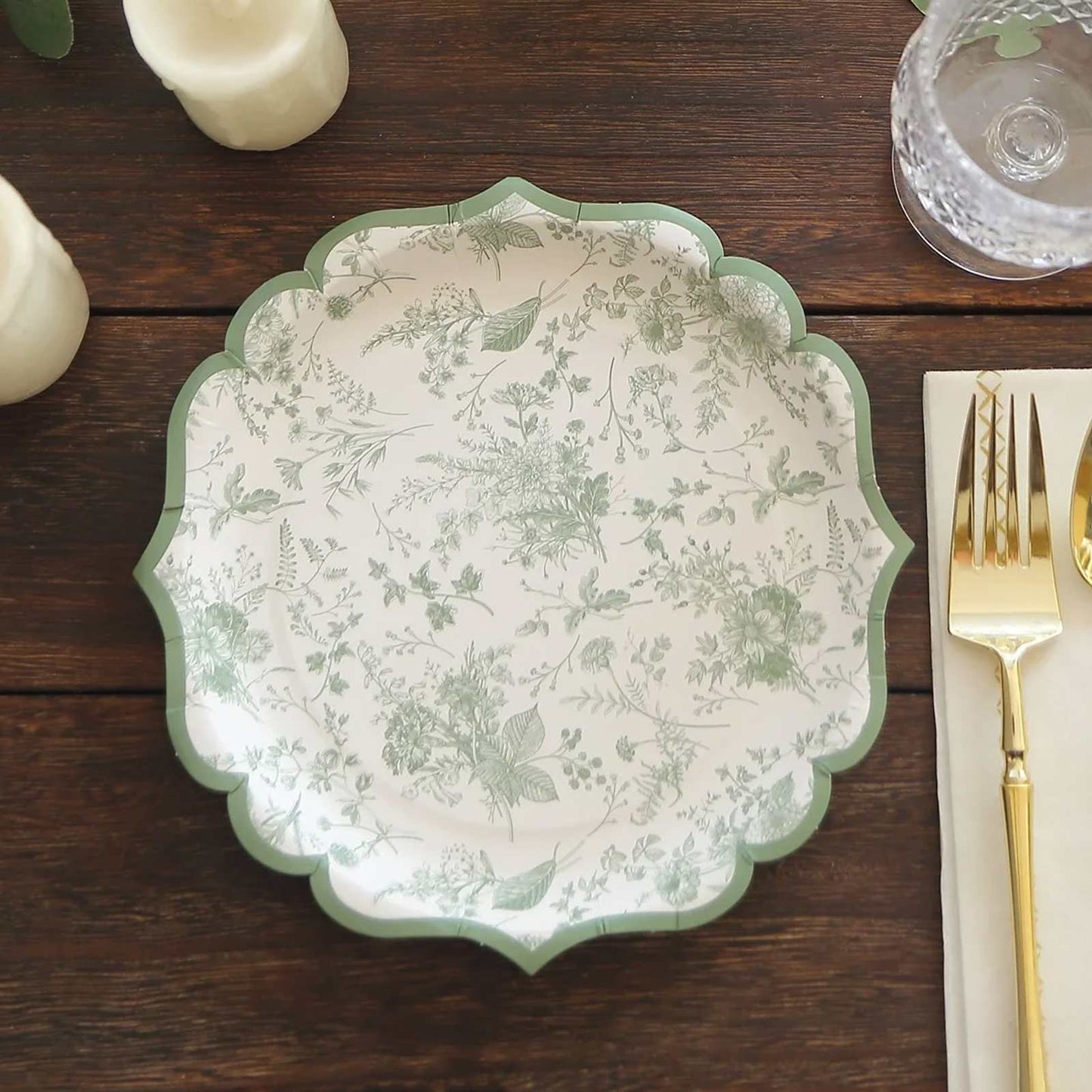 25 Pack Sage Green Disposable Dessert Plates in French Toile Floral Pattern, 8" Salad Appetizer Paper Plates with Scalloped Rims - 300 GSM