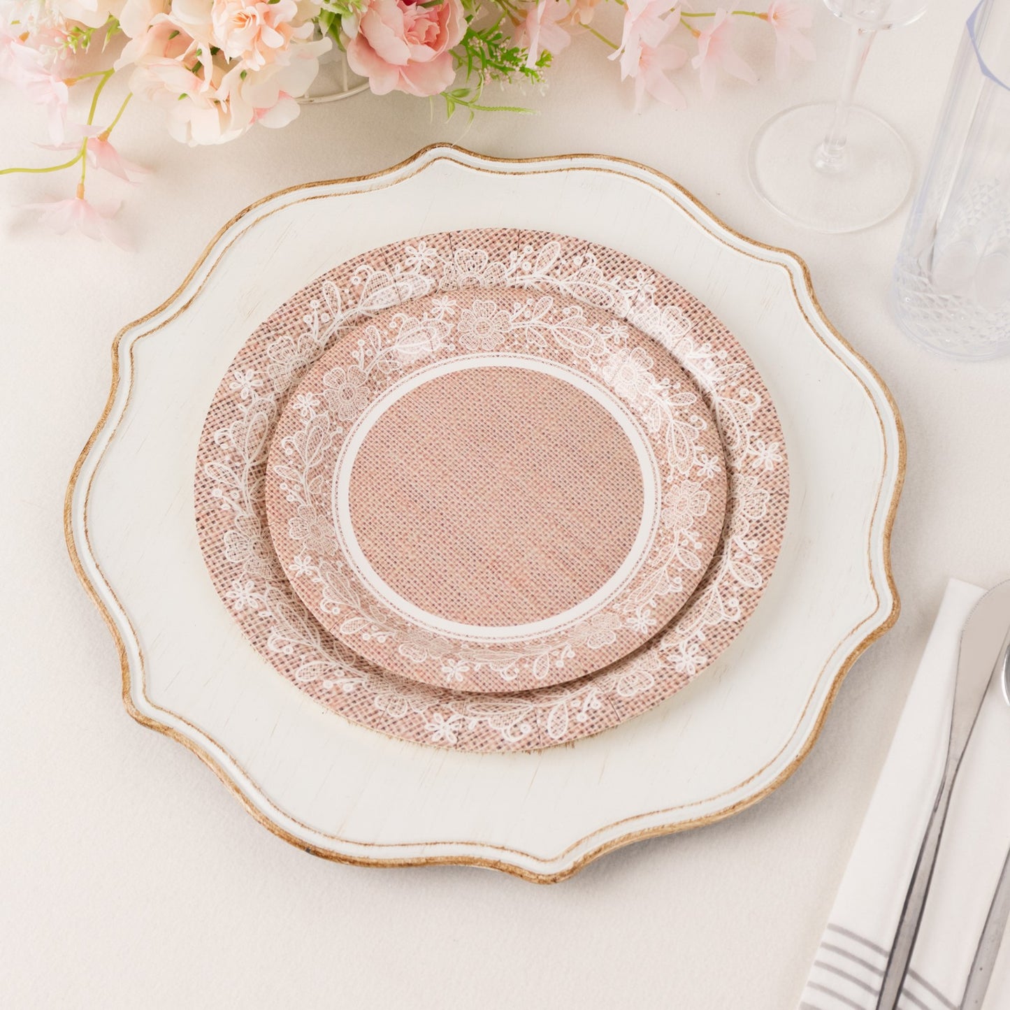 25 Pack Natural Burlap Print Paper Salad Plates with Floral Lace Rim, 7" Round Farmhouse Disposable Appetizer Dessert Plates