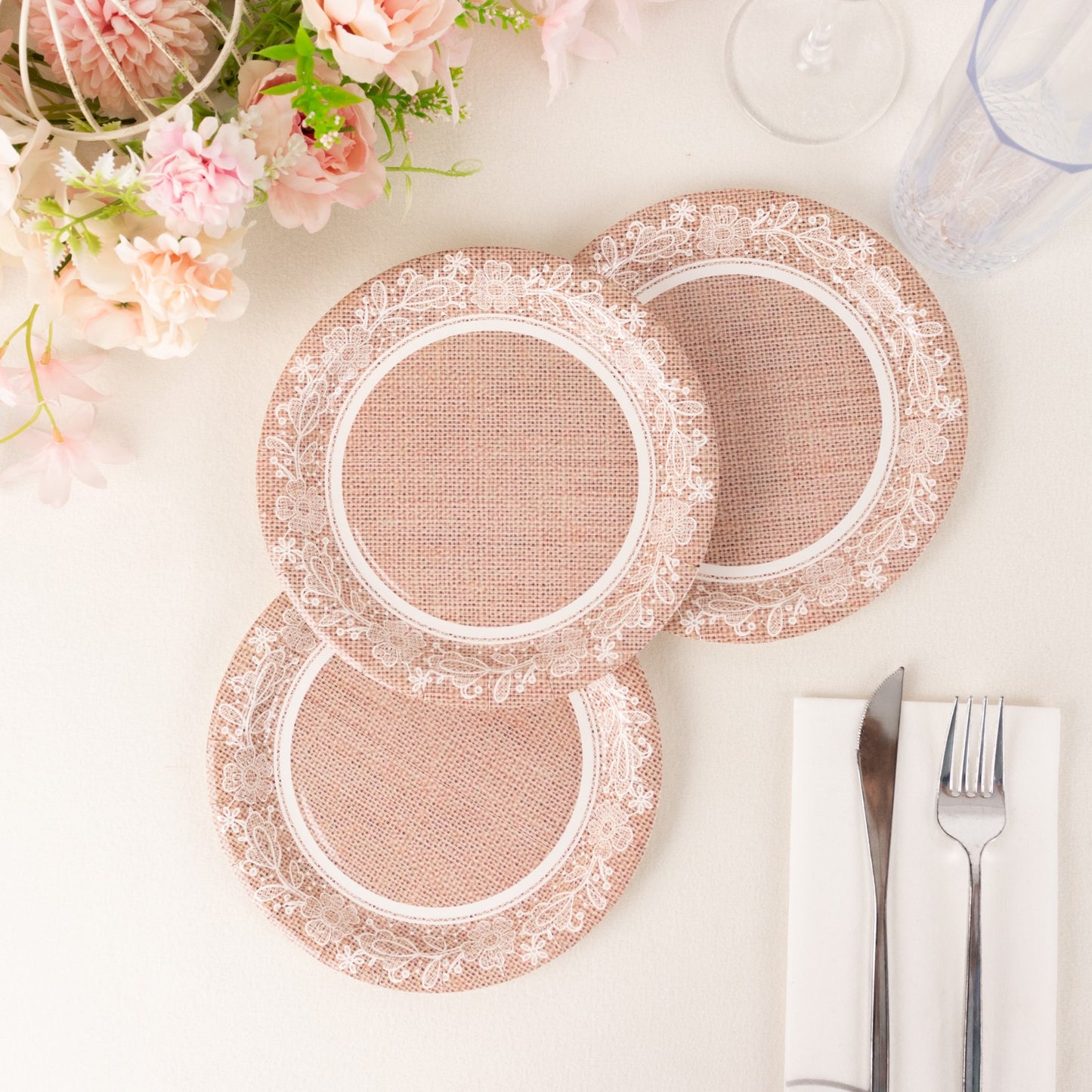 25 Pack Natural Burlap Print Paper Salad Plates with Floral Lace Rim, 7" Round Farmhouse Disposable Appetizer Dessert Plates