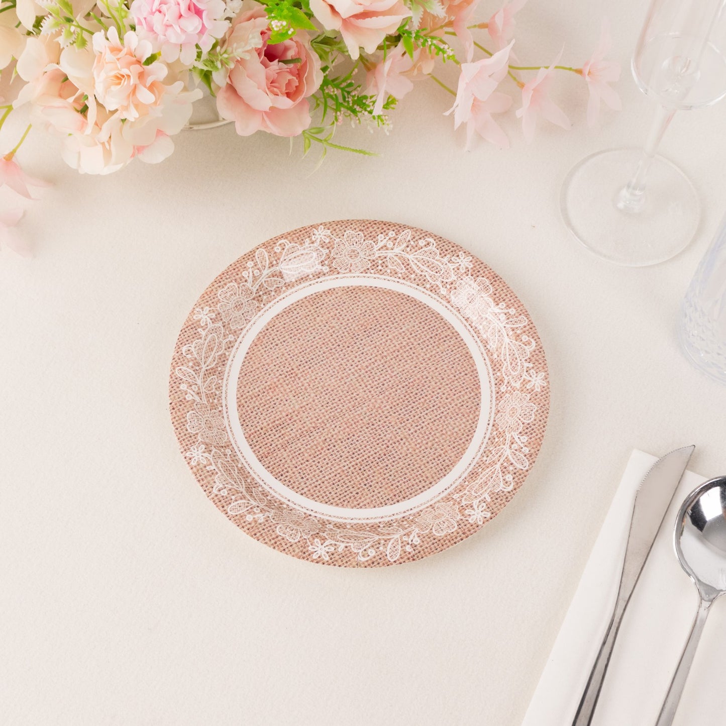 25 Pack Natural Burlap Print Paper Salad Plates with Floral Lace Rim, 7" Round Farmhouse Disposable Appetizer Dessert Plates