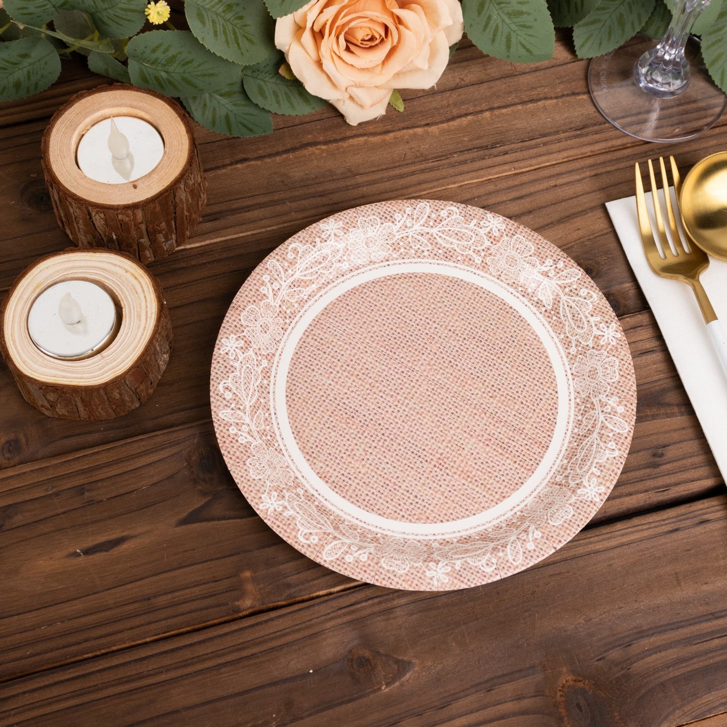 25 Pack Natural Burlap Print Paper Salad Plates with Floral Lace Rim, 7" Round Farmhouse Disposable Appetizer Dessert Plates