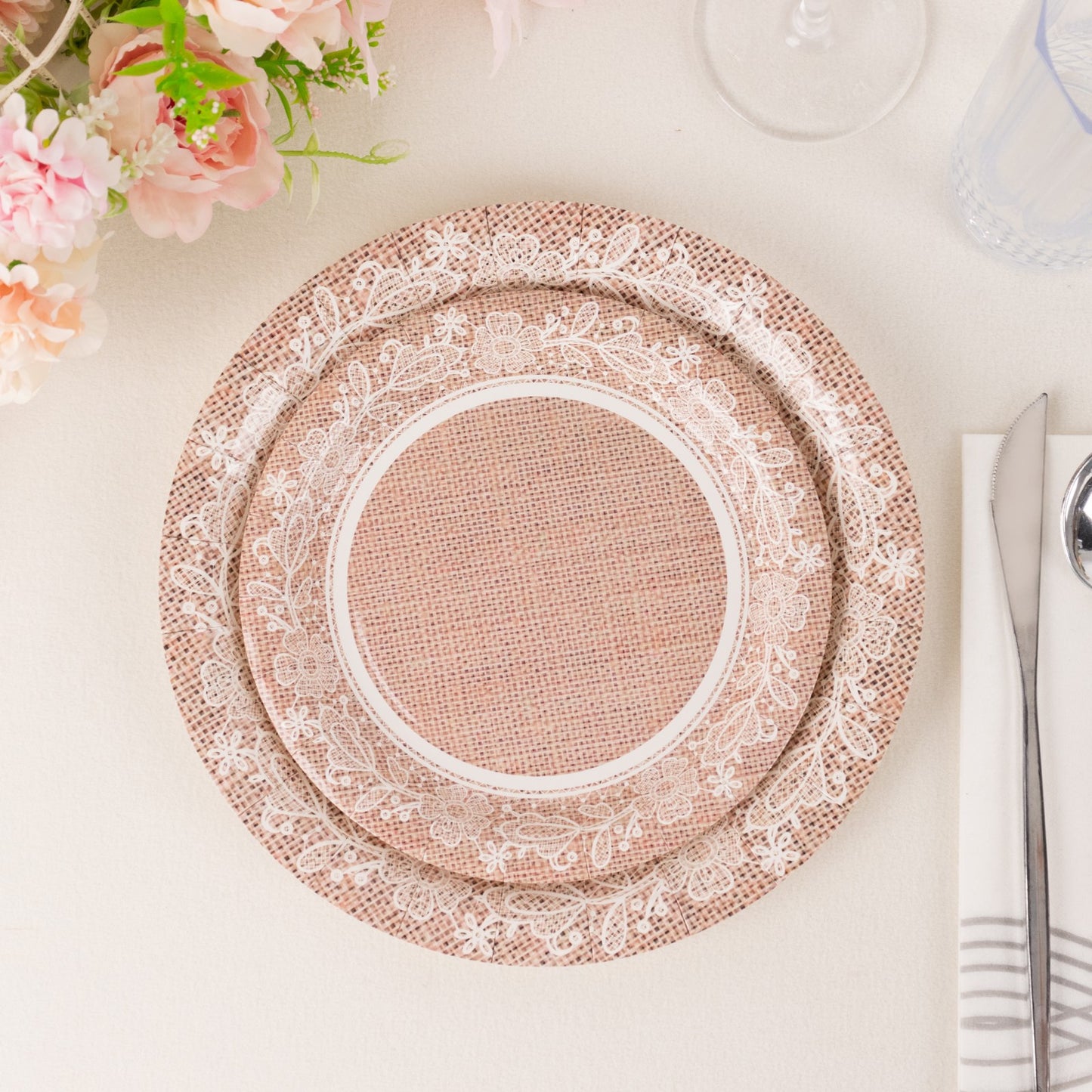 25 Pack Natural Burlap Print Paper Salad Plates with Floral Lace Rim, 7" Round Farmhouse Disposable Appetizer Dessert Plates