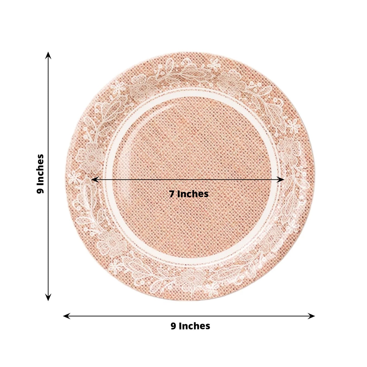 25 Pack Natural Burlap Print Disposable Party Plates with Floral Lace Rim, 9" Round Farmhouse Paper Dinner Plates