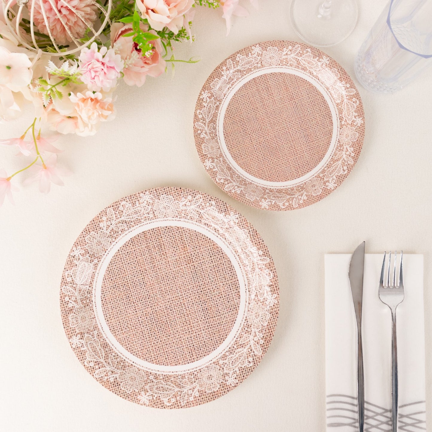 25 Pack Natural Burlap Print Disposable Party Plates with Floral Lace Rim, 9" Round Farmhouse Paper Dinner Plates