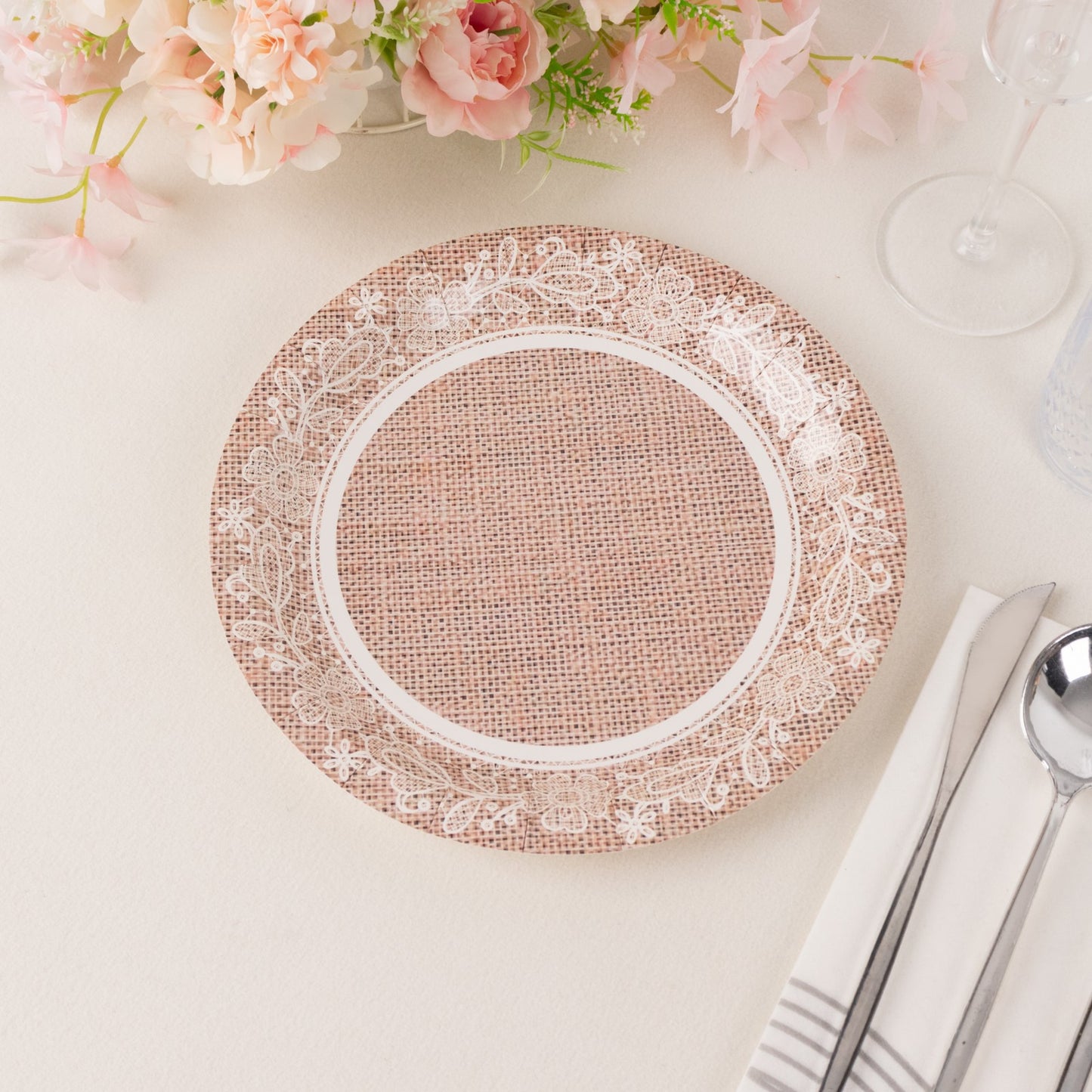 25 Pack Natural Burlap Print Disposable Party Plates with Floral Lace Rim, 9" Round Farmhouse Paper Dinner Plates