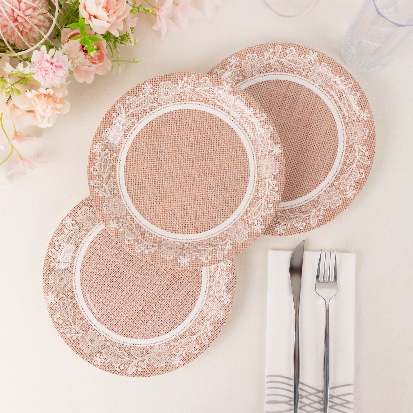 25 Pack Natural Burlap Print Disposable Party Plates with Floral Lace Rim, 9" Round Farmhouse Paper Dinner Plates