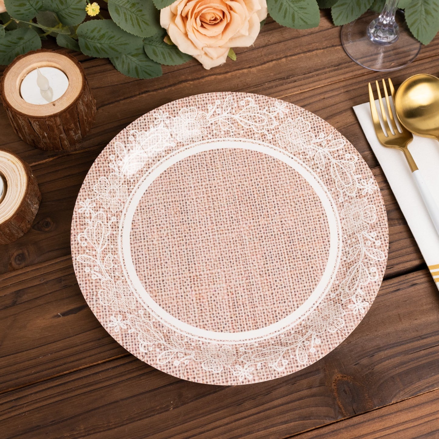 25 Pack Natural Burlap Print Disposable Party Plates with Floral Lace Rim, 9" Round Farmhouse Paper Dinner Plates