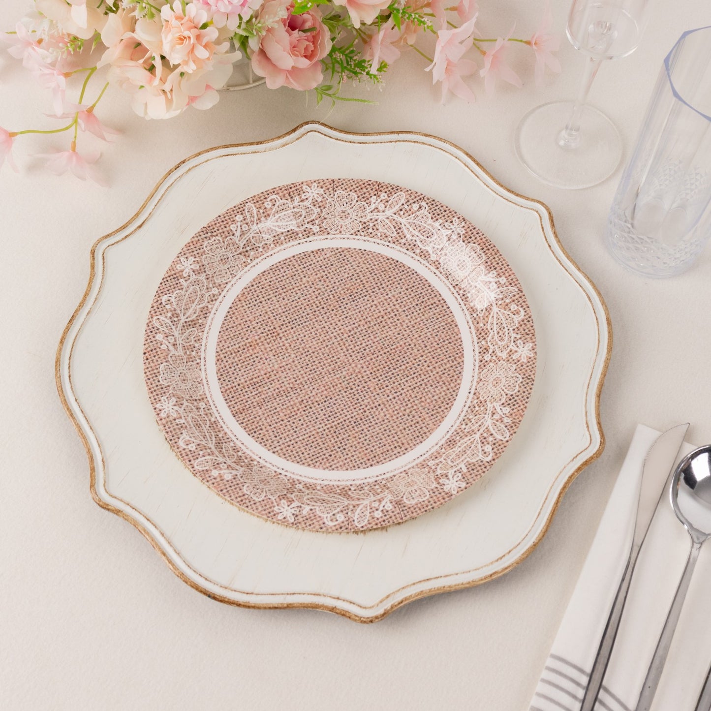 25 Pack Natural Burlap Print Disposable Party Plates with Floral Lace Rim, 9" Round Farmhouse Paper Dinner Plates