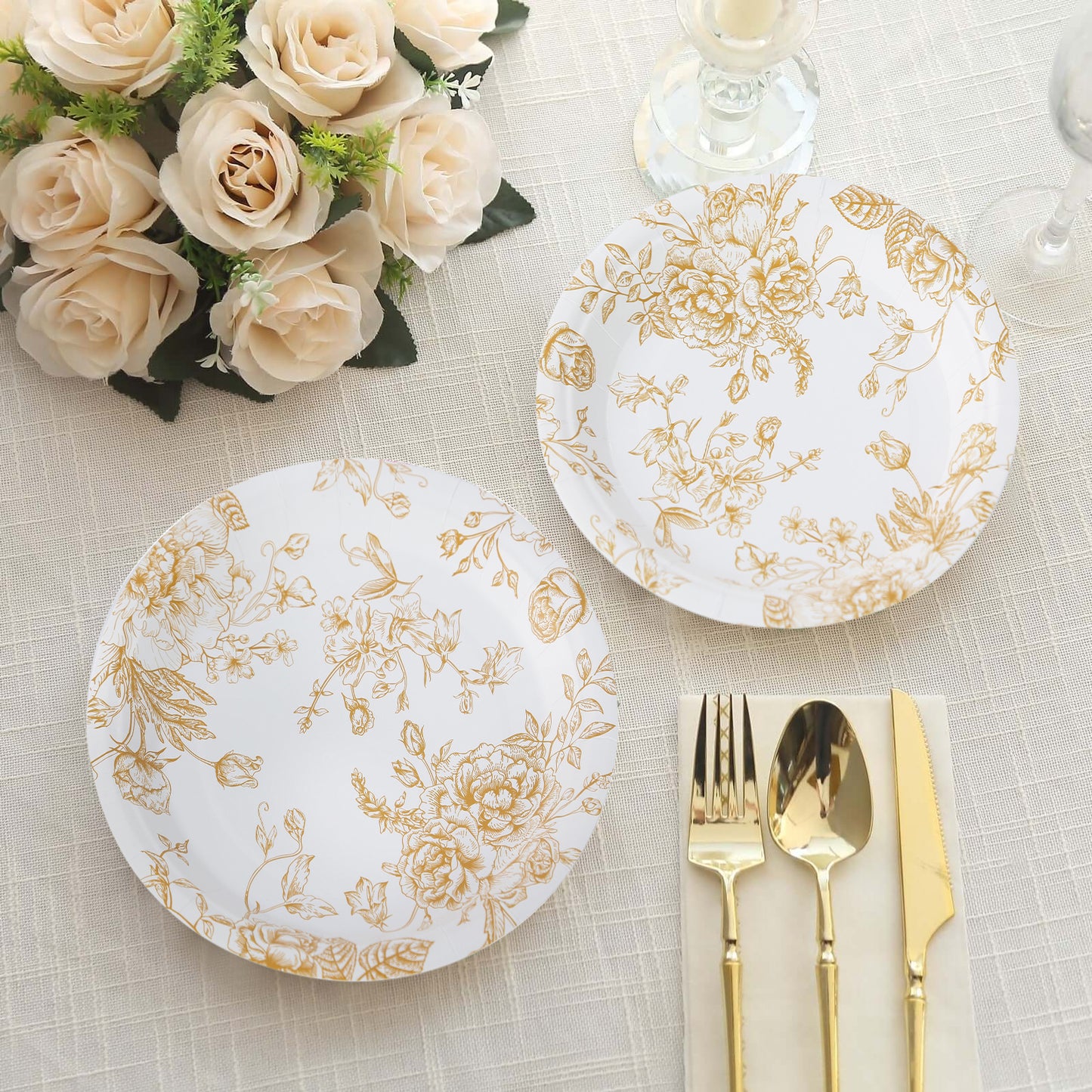 25 Pack 7" French Toile Disposable Salad Plates, White Gold Round Paper Appetizer Dessert Plates