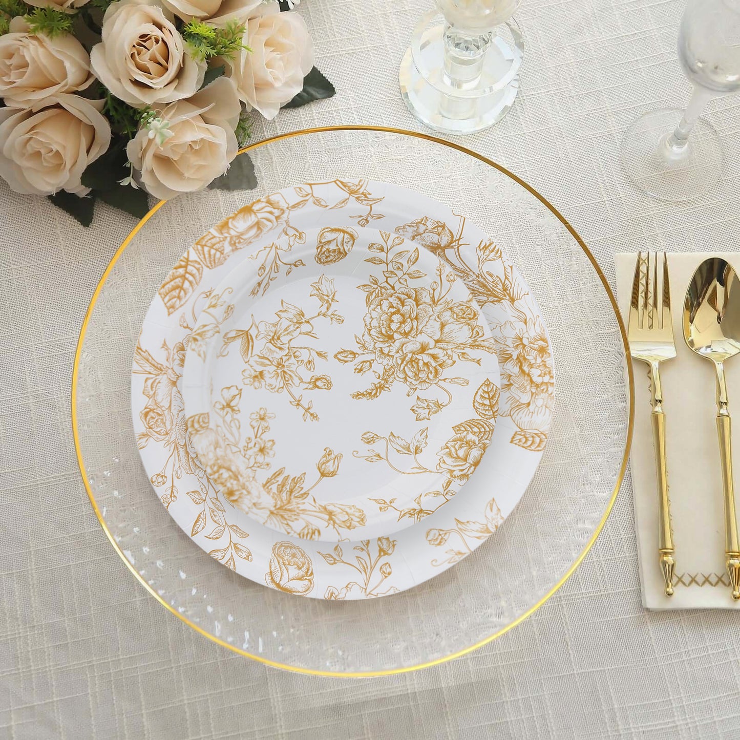 25 Pack 7" French Toile Disposable Salad Plates, White Gold Round Paper Appetizer Dessert Plates