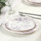 25 Pack 7" French Toile Paper Salad Plates, Matte Lavender and White Round Disposable Dessert Appetizer Plates