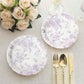 25 Pack 7" French Toile Paper Salad Plates, Matte Lavender and White Round Disposable Dessert Appetizer Plates