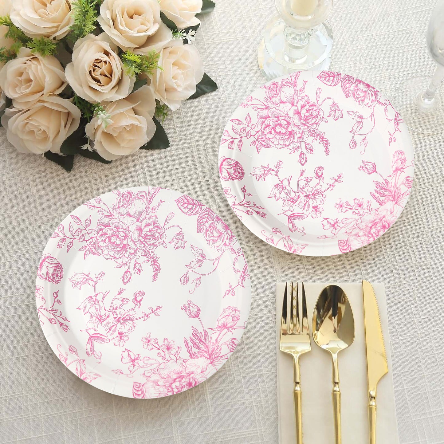 25 Pack 7" French Toile Paper Salad Plates, Matte Pink and White Round Disposable Dessert Appetizer Plates