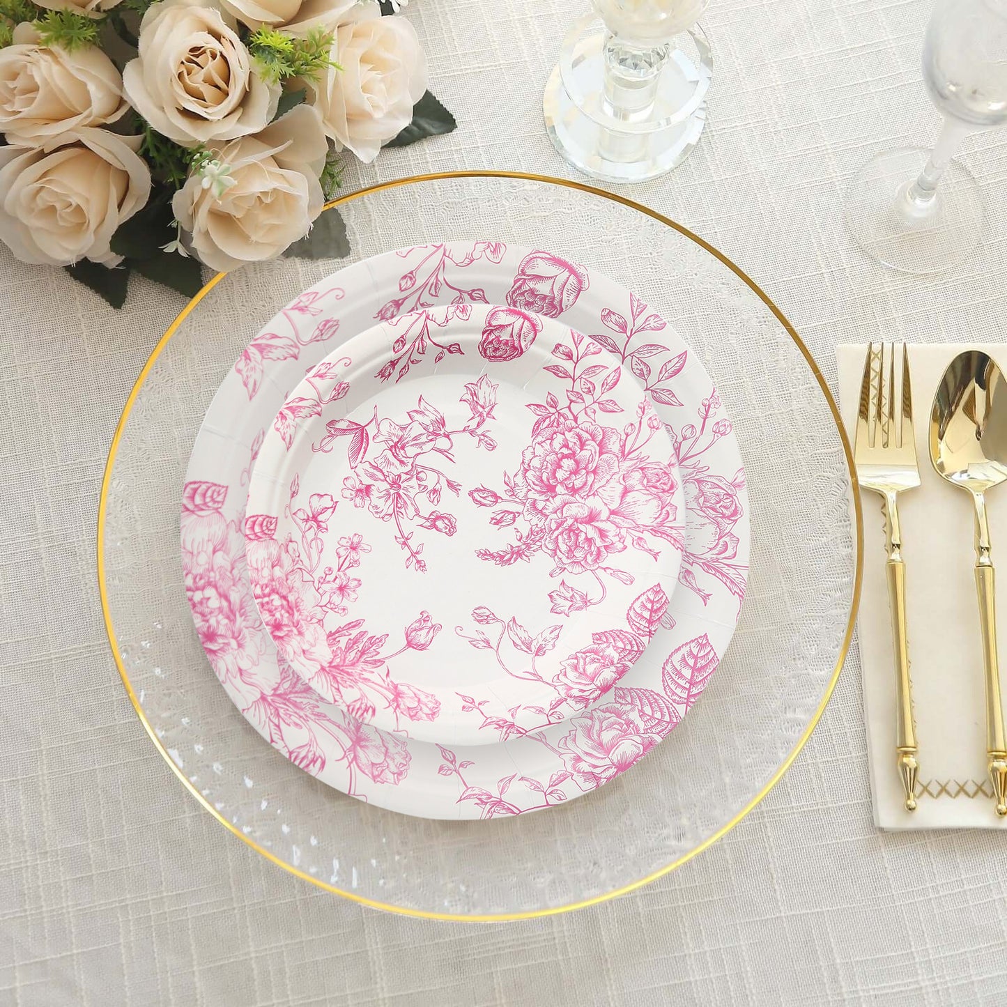 25 Pack 7" French Toile Paper Salad Plates, Matte Pink and White Round Disposable Dessert Appetizer Plates