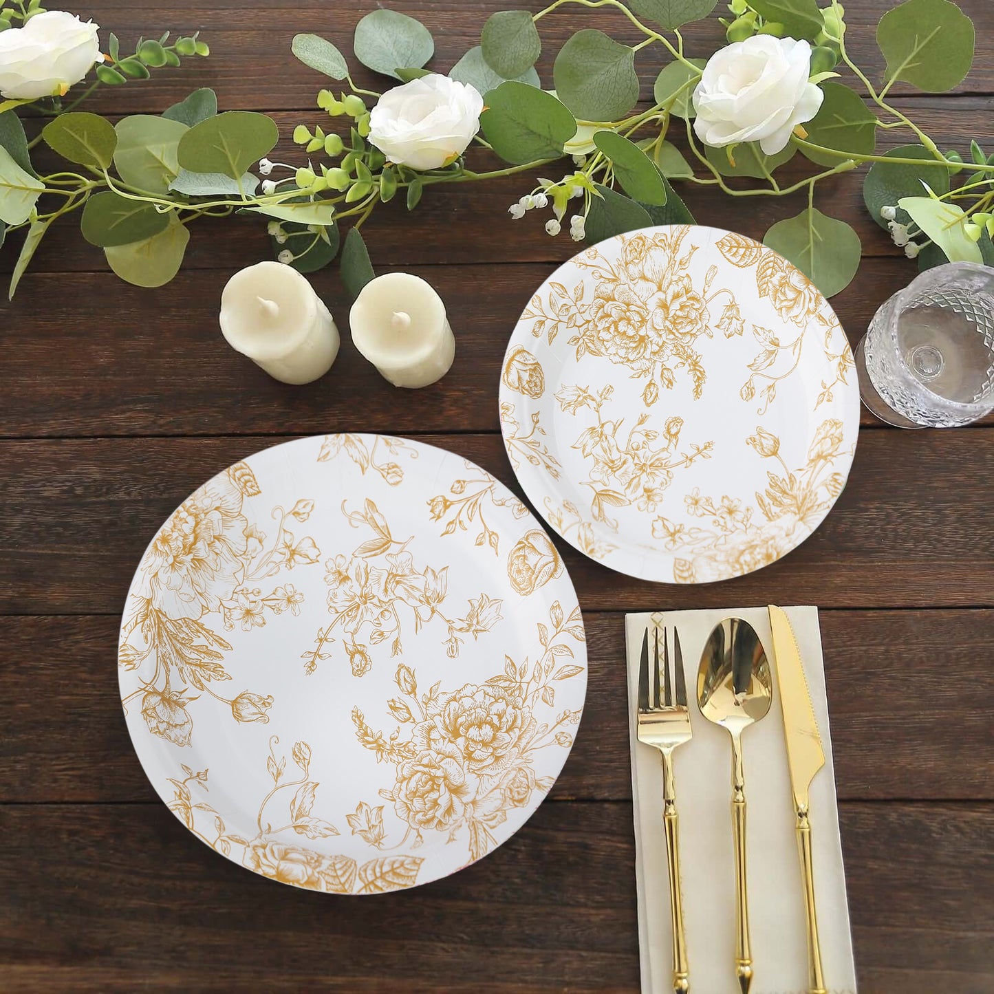 25 Pack 9" French Toile Paper Party Plates, White Gold Round Disposable Dinner Plates
