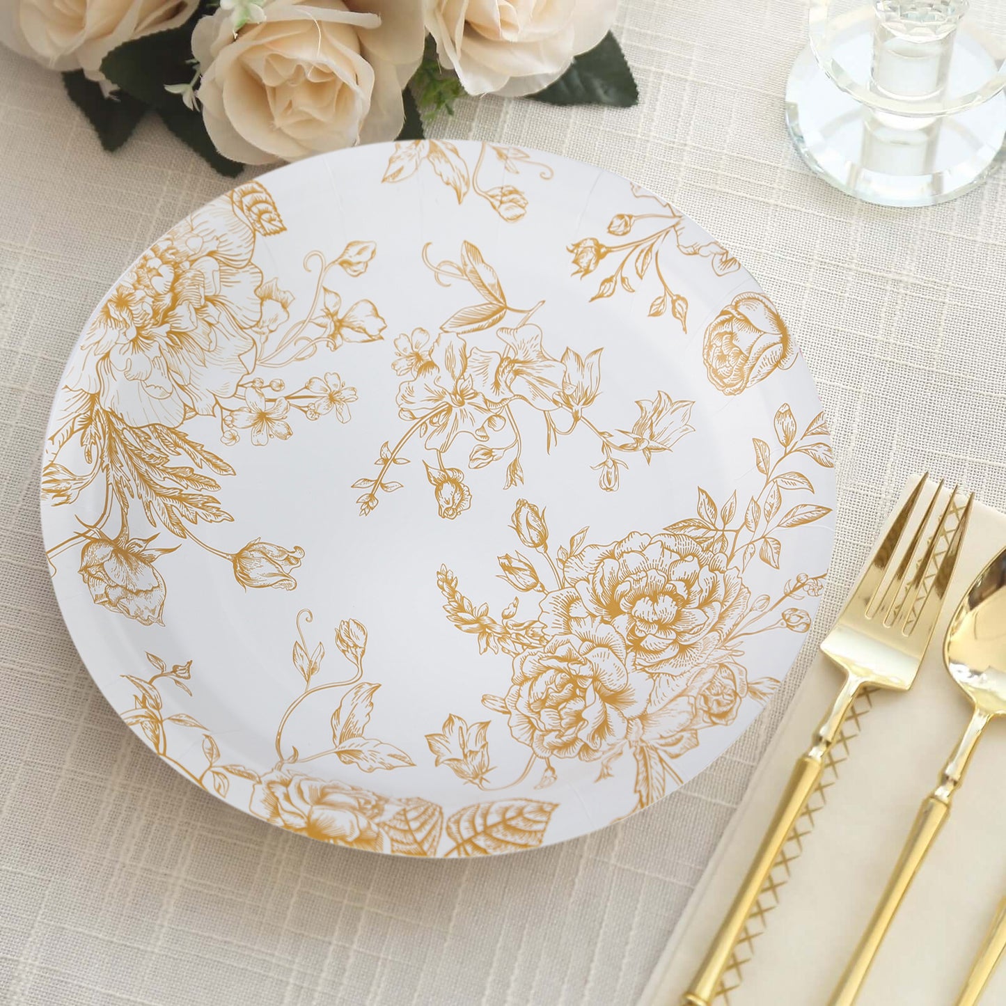 25 Pack 9" French Toile Paper Party Plates, White Gold Round Disposable Dinner Plates