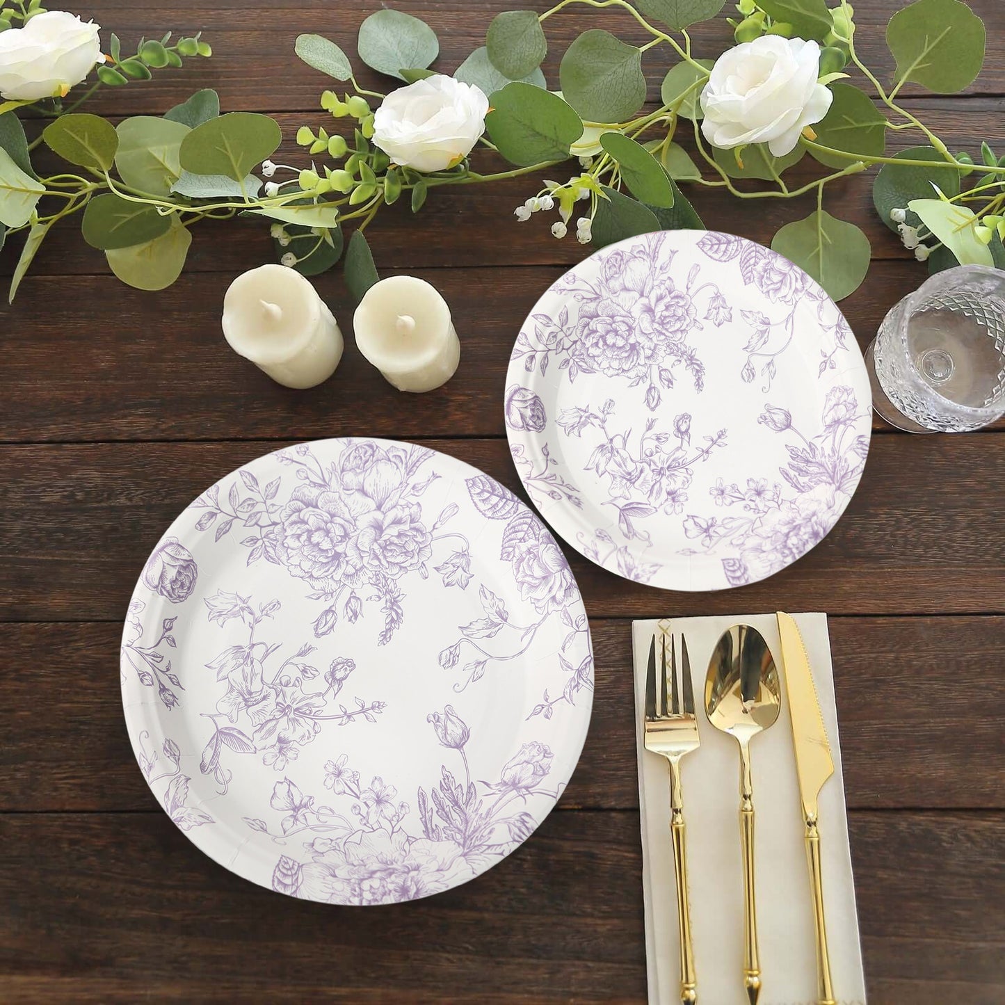 25 Pack 9" French Toile Paper Party Plates, Matte Lavender and White Round Disposable Dinner Plates