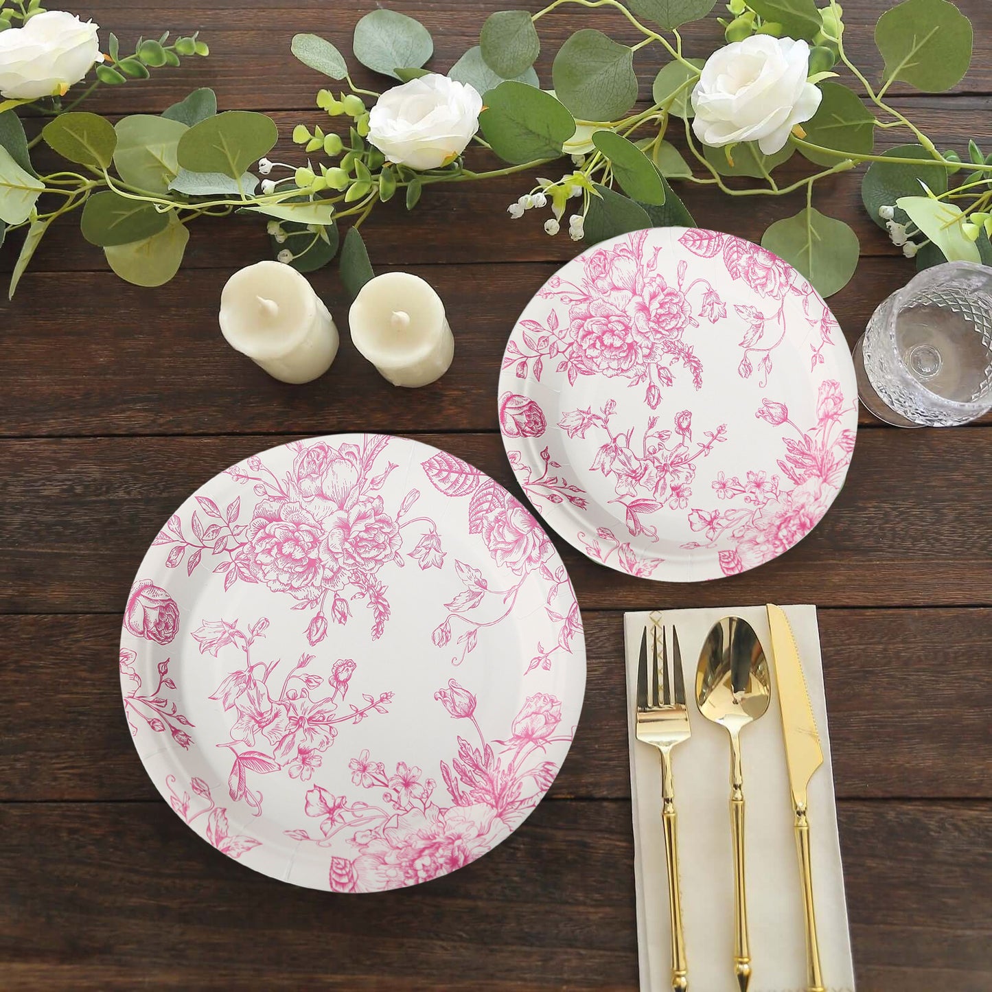 25 Pack 9" French Toile Paper Party Plates, Matte Pink and White Round Disposable Dinner Plates