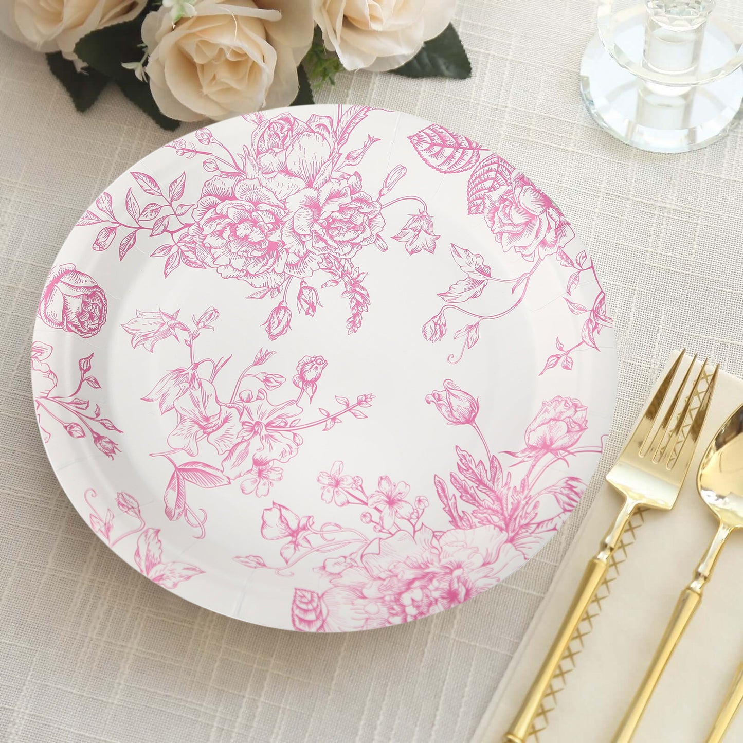 25 Pack 9" French Toile Paper Party Plates, Matte Pink and White Round Disposable Dinner Plates