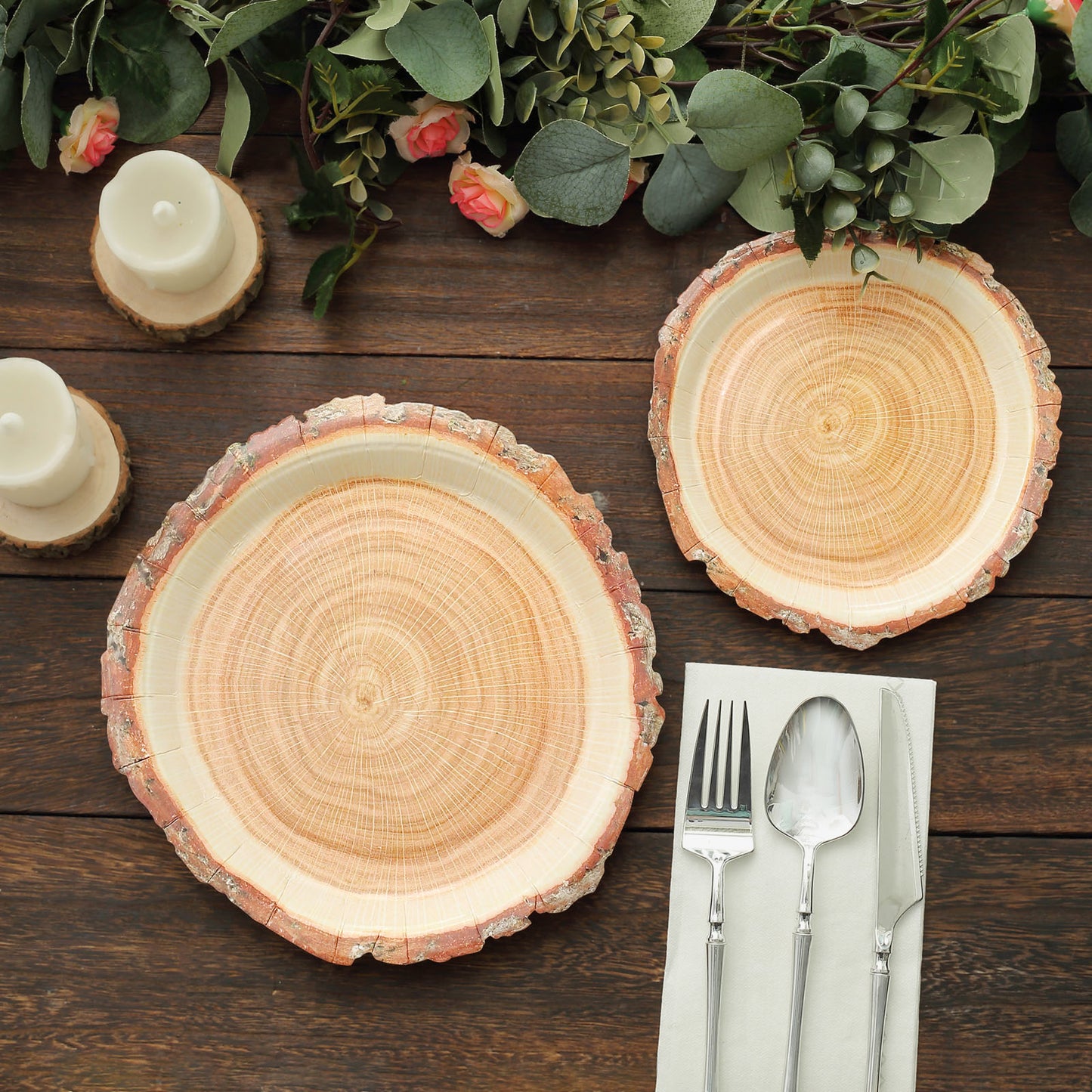 25 Pack | 7" Natural Rustic Wood Slice Disposable Salad Party Plates, Farmhouse Style Paper Appetizer Dessert Plates