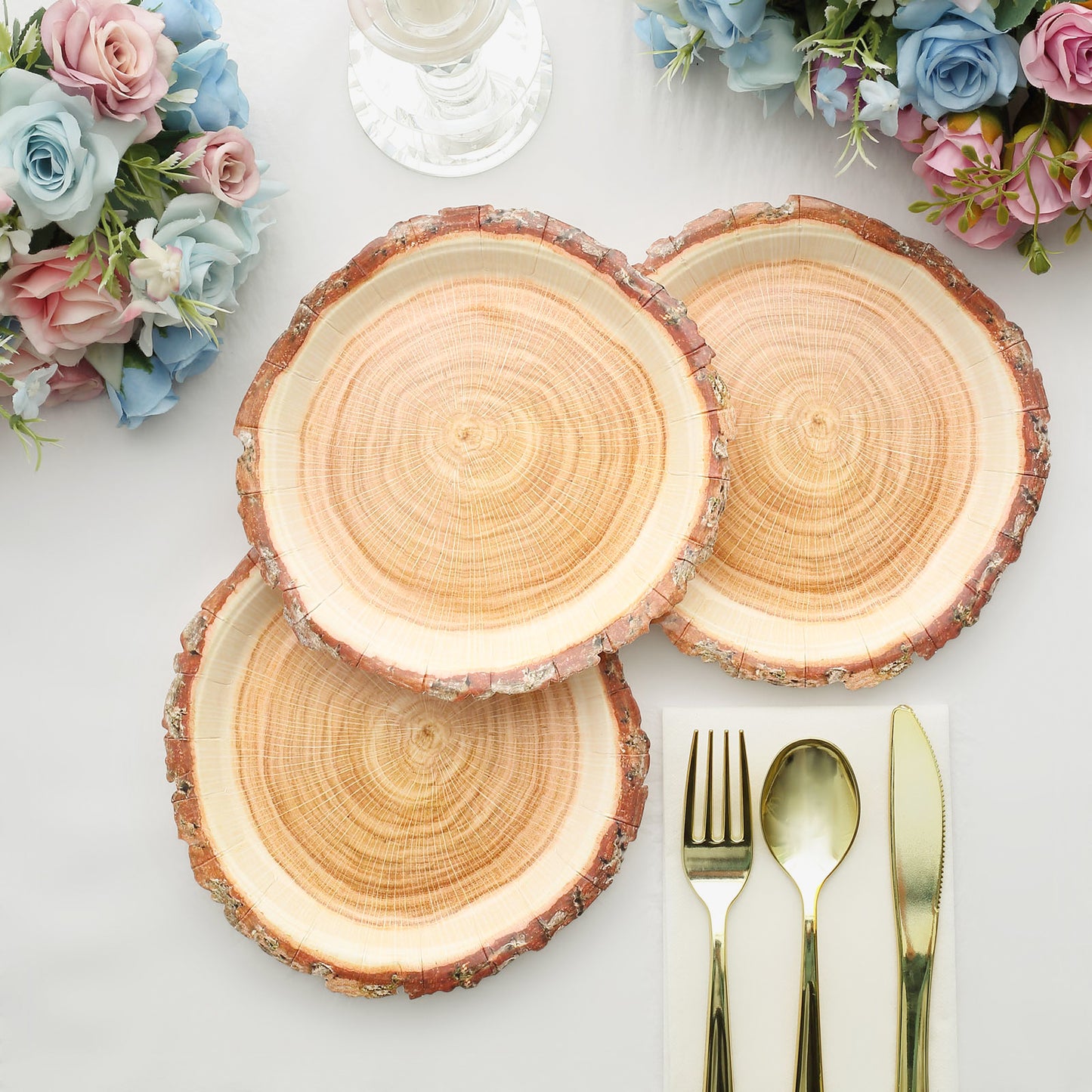 25 Pack | 7" Natural Rustic Wood Slice Disposable Salad Party Plates, Farmhouse Style Paper Appetizer Dessert Plates