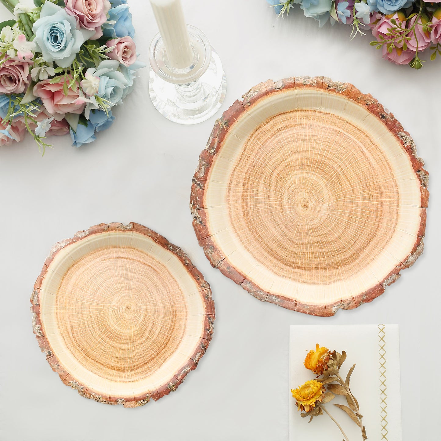 25 Pack | 7" Natural Rustic Wood Slice Disposable Salad Party Plates, Farmhouse Style Paper Appetizer Dessert Plates