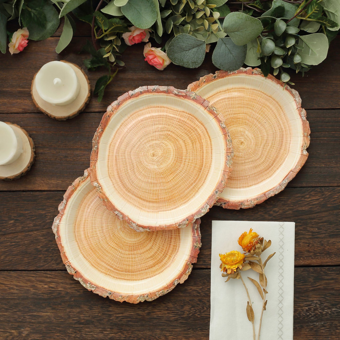 25 Pack | 7" Natural Rustic Wood Slice Disposable Salad Party Plates, Farmhouse Style Paper Appetizer Dessert Plates