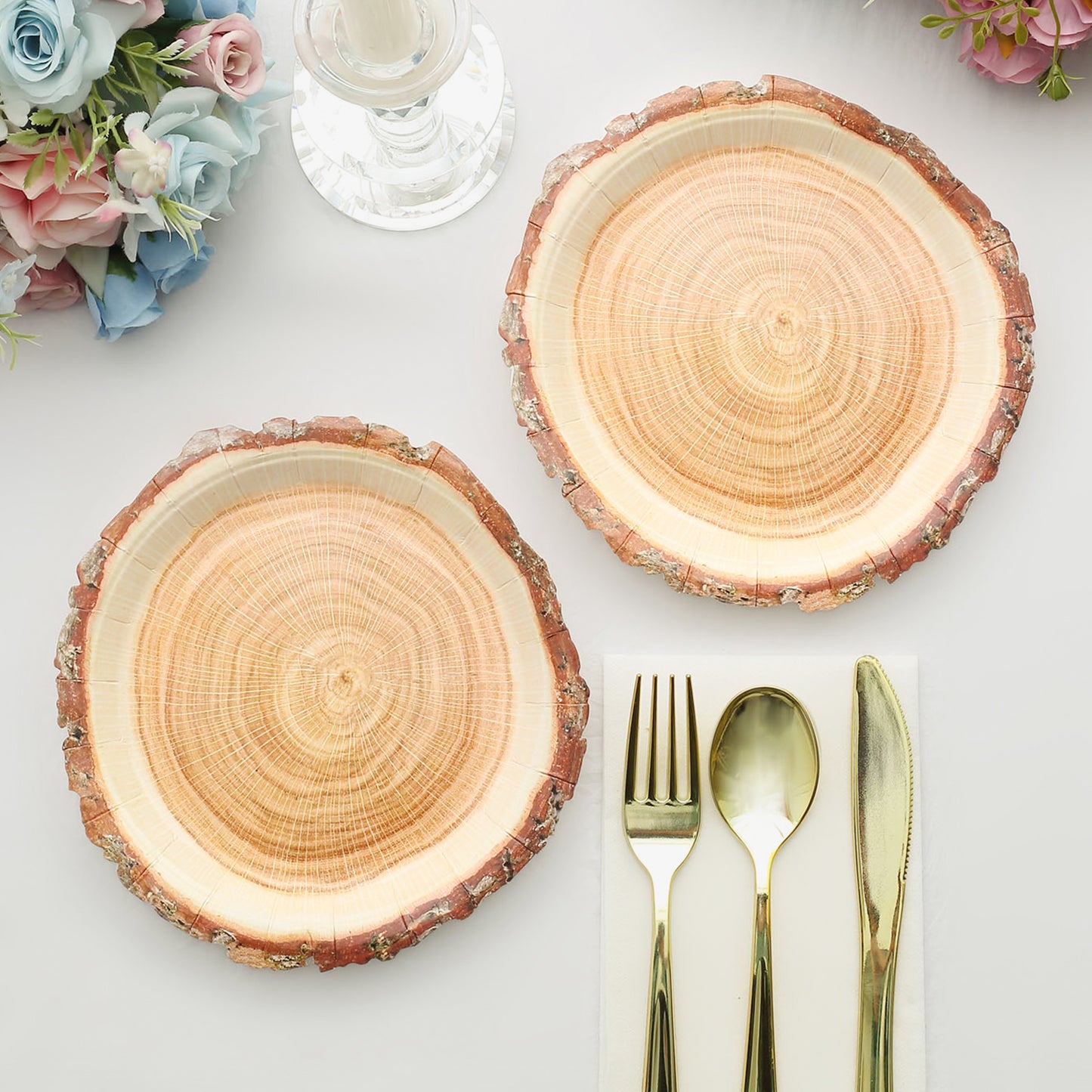 25 Pack | 7" Natural Rustic Wood Slice Disposable Salad Party Plates, Farmhouse Style Paper Appetizer Dessert Plates