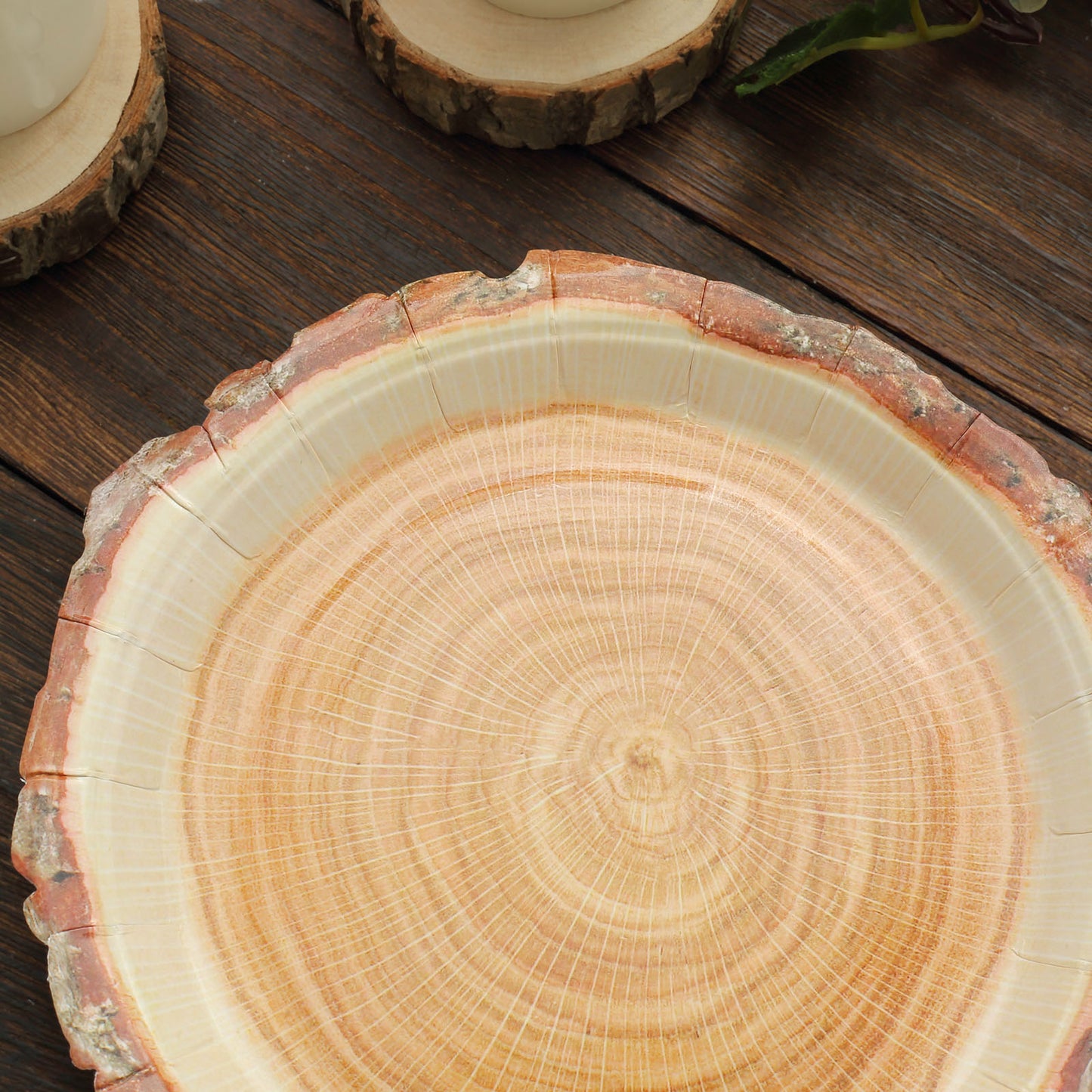 25 Pack | 7" Natural Rustic Wood Slice Disposable Salad Party Plates, Farmhouse Style Paper Appetizer Dessert Plates