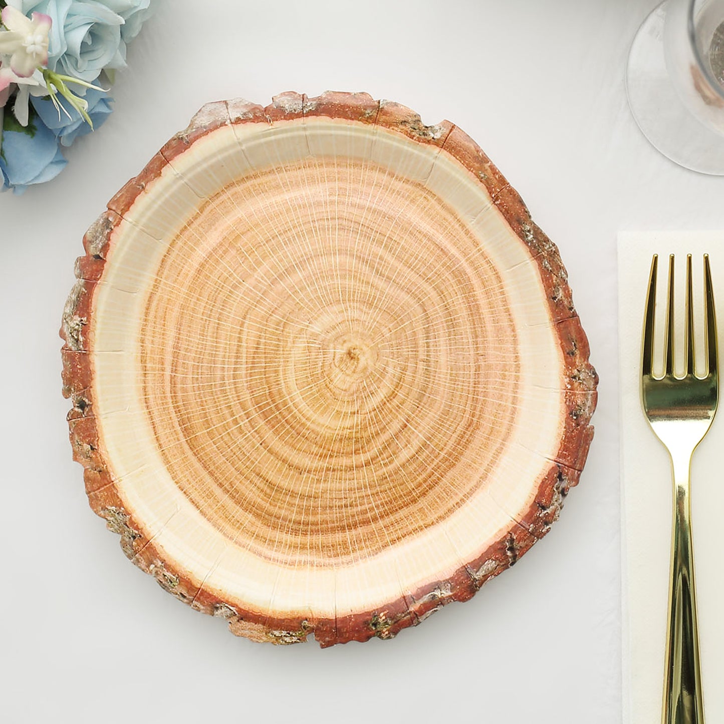 25 Pack | 7" Natural Rustic Wood Slice Disposable Salad Party Plates, Farmhouse Style Paper Appetizer Dessert Plates