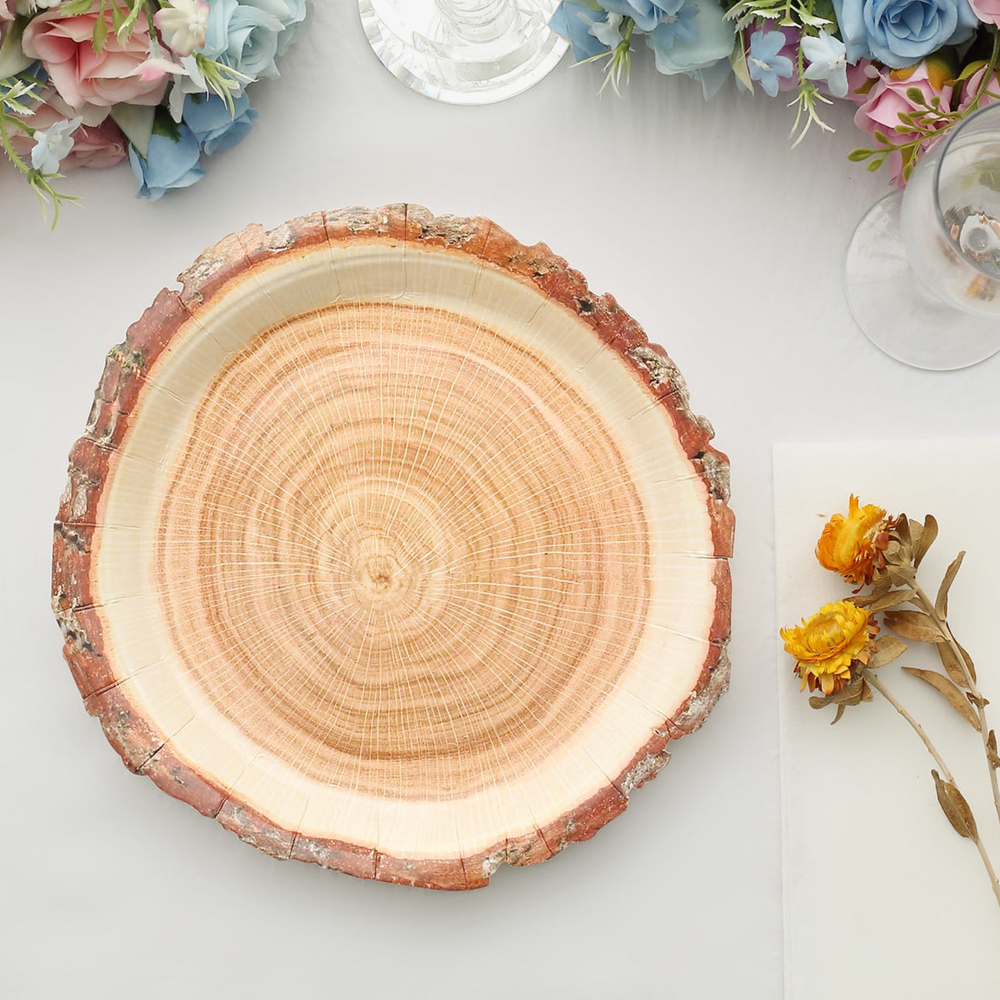 25 Pack | 10" Natural Rustic Wood Slice Disposable Party Plates, Farmhouse Style Paper Dinner Plates