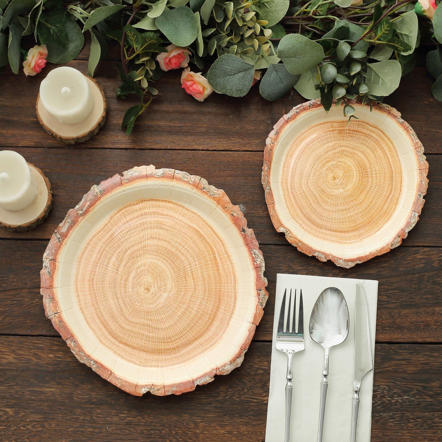 25 Pack | 10" Natural Rustic Wood Slice Disposable Party Plates, Farmhouse Style Paper Dinner Plates