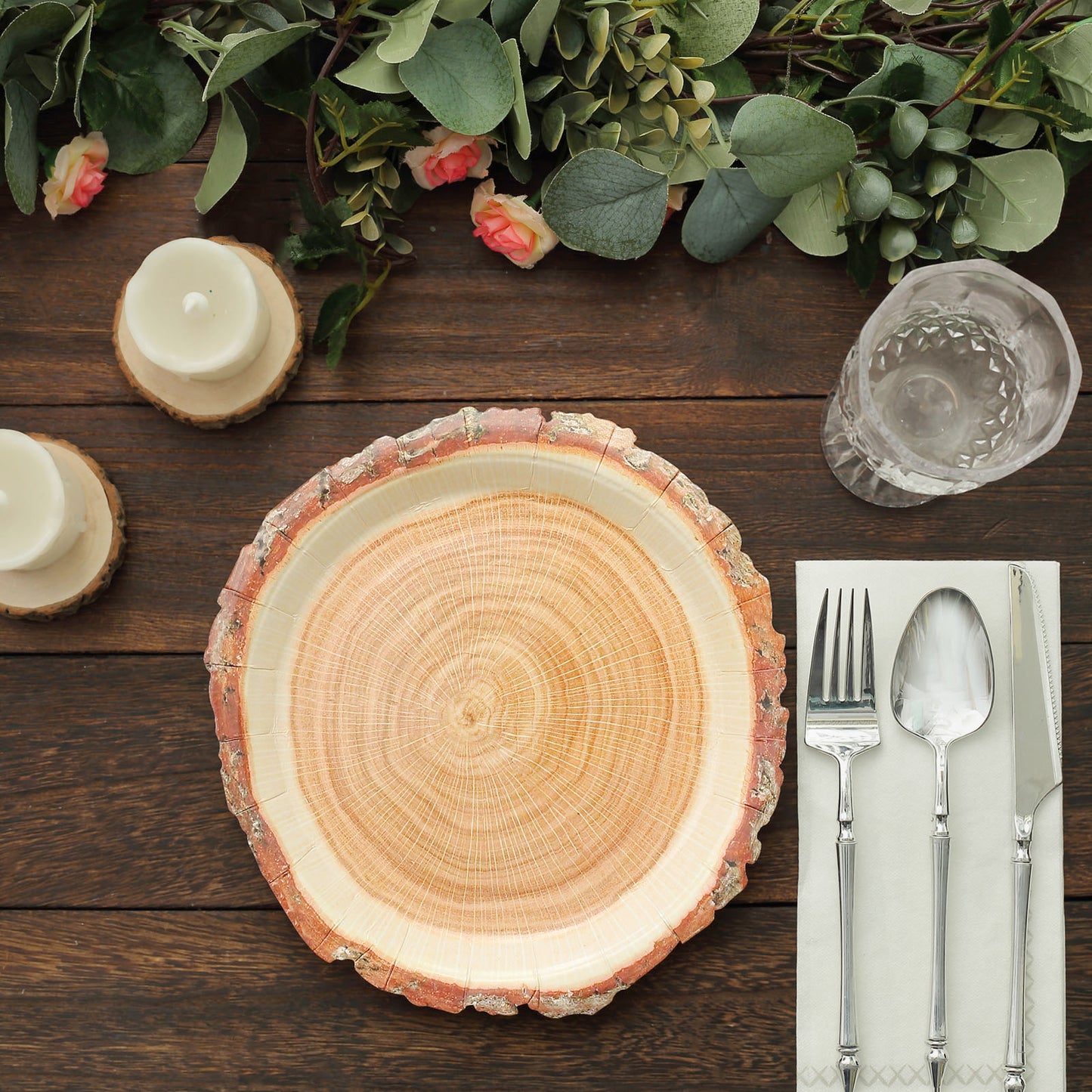 25 Pack | 10" Natural Rustic Wood Slice Disposable Party Plates, Farmhouse Style Paper Dinner Plates