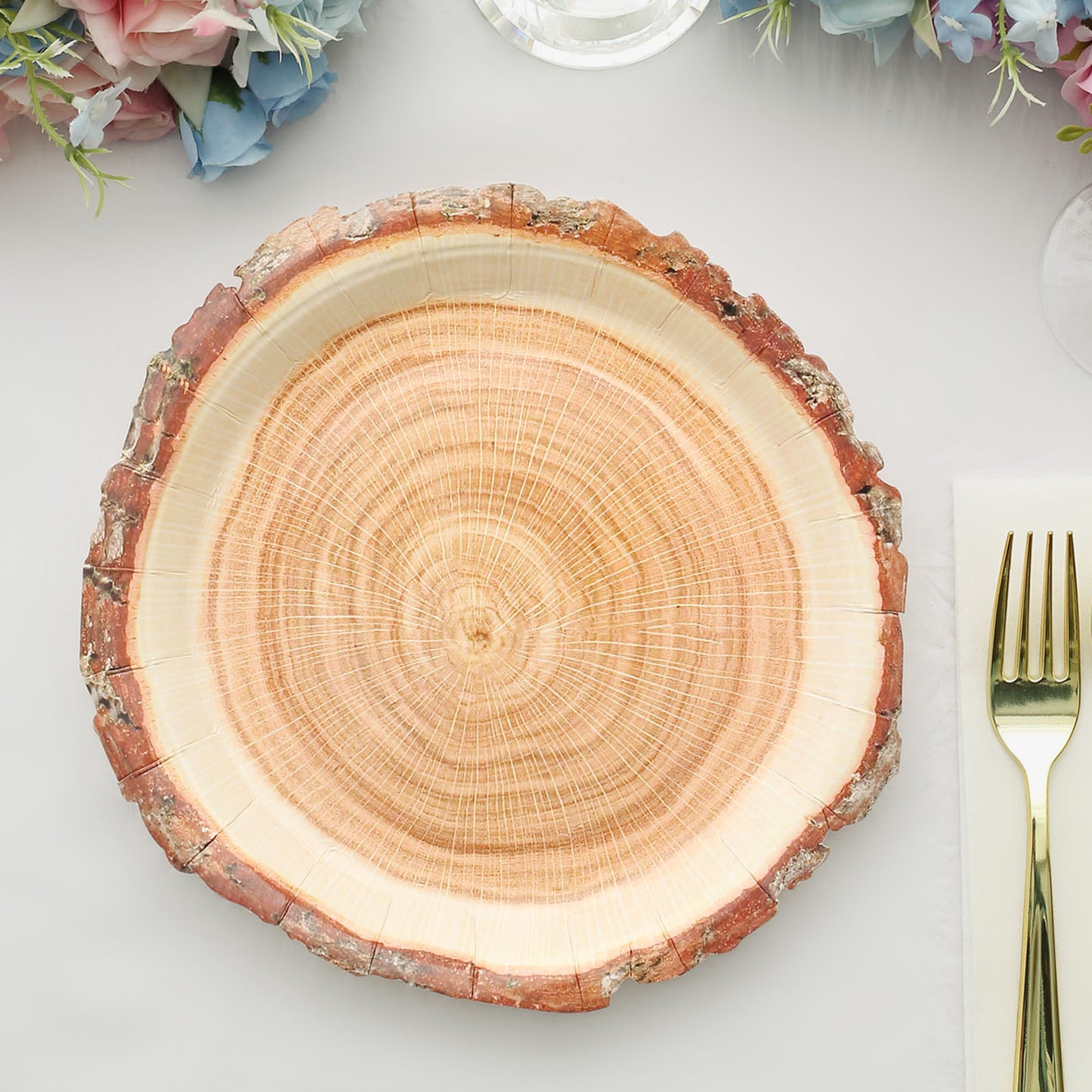 25 Pack | 10" Natural Rustic Wood Slice Disposable Party Plates, Farmhouse Style Paper Dinner Plates