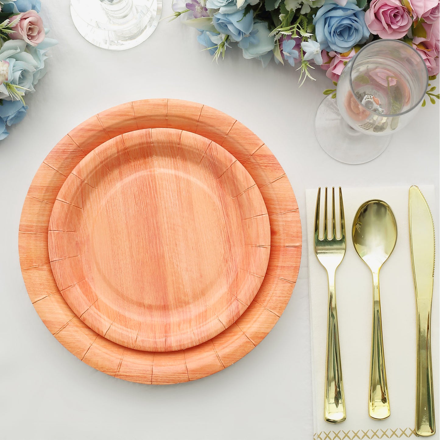 25 Pack | 7" Natural Rustic Wood Grain Disposable Salad Party Plates, Farmhouse Style Paper Appetizer Dessert Plates