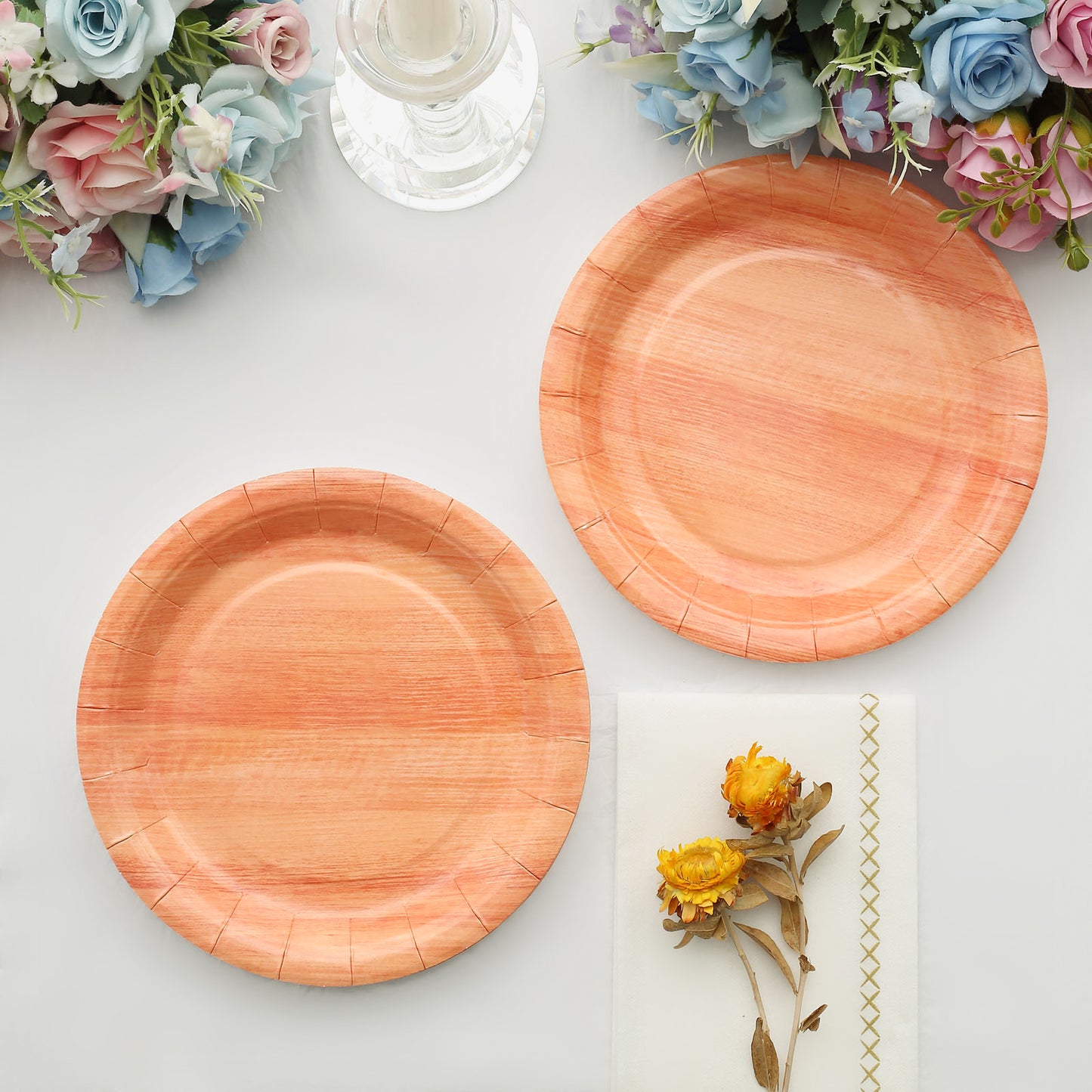 25 Pack | 7" Natural Rustic Wood Grain Disposable Salad Party Plates, Farmhouse Style Paper Appetizer Dessert Plates