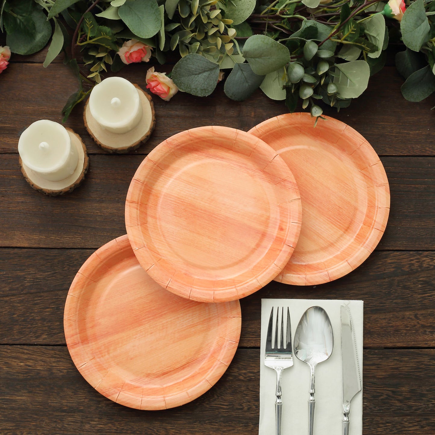 25 Pack | 7" Natural Rustic Wood Grain Disposable Salad Party Plates, Farmhouse Style Paper Appetizer Dessert Plates