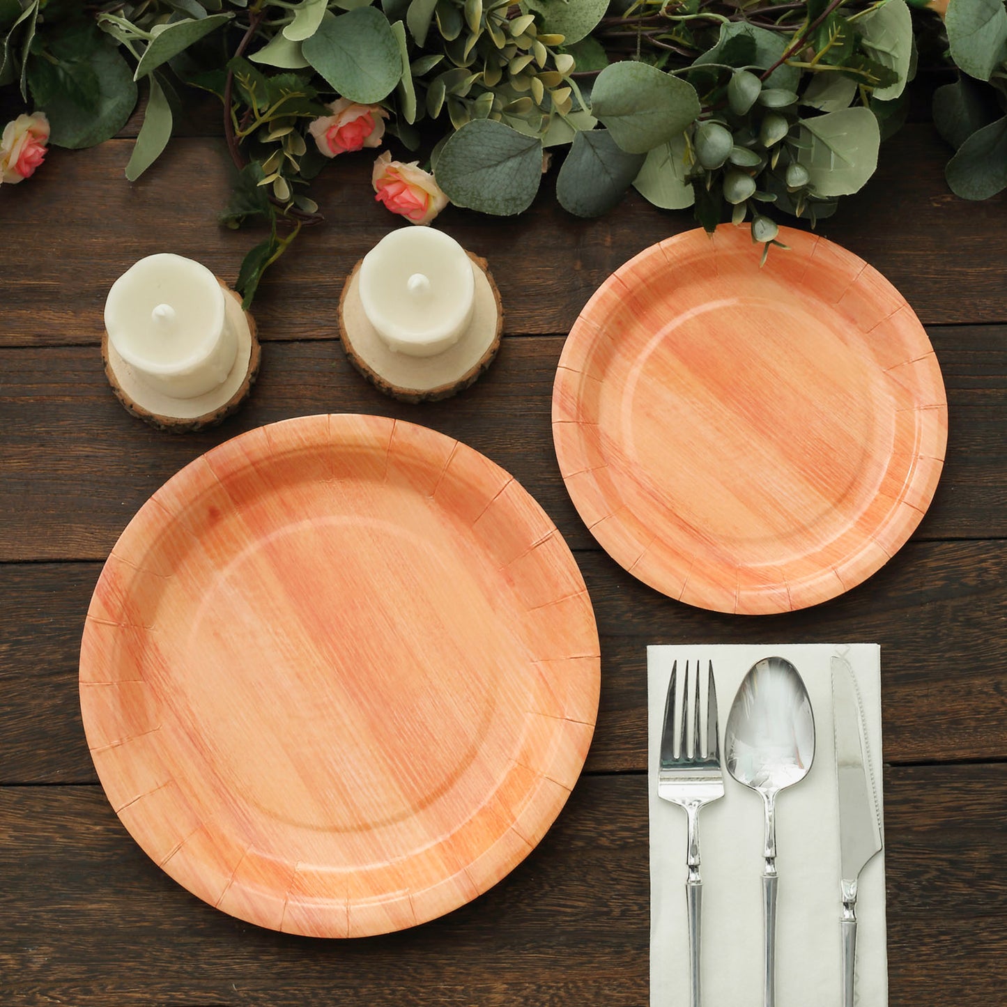 25 Pack | 7" Natural Rustic Wood Grain Disposable Salad Party Plates, Farmhouse Style Paper Appetizer Dessert Plates